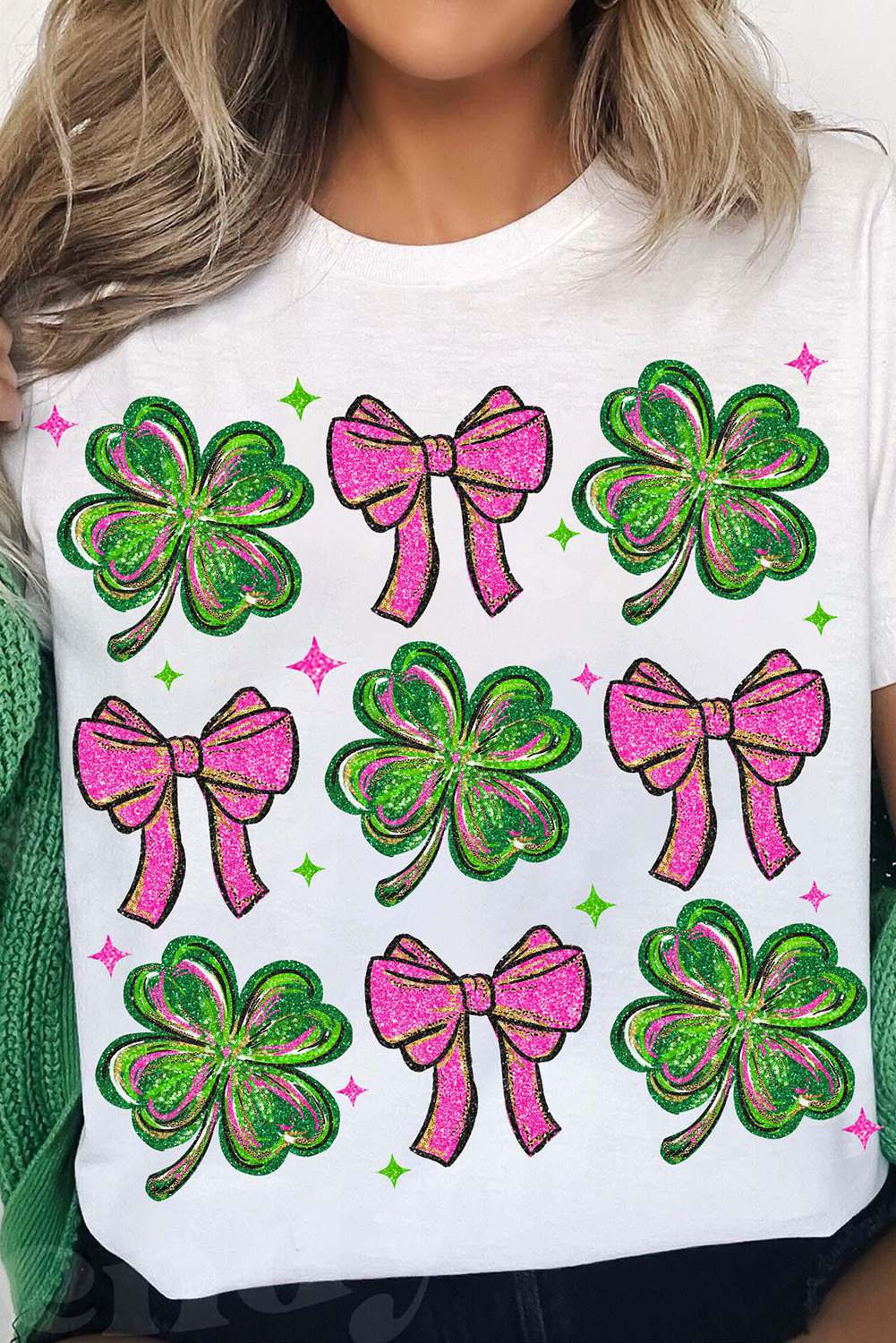 White St Patrick Shamrock Bowknot Printed Crewneck Tee - loveforevers