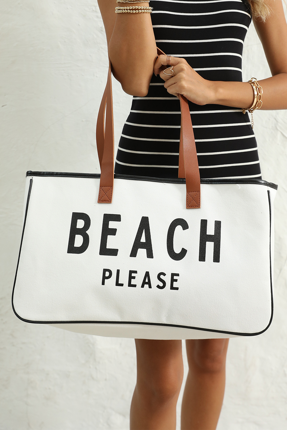White BEACH PLEASE Print Large Canvas Tote Bag - loveforevers