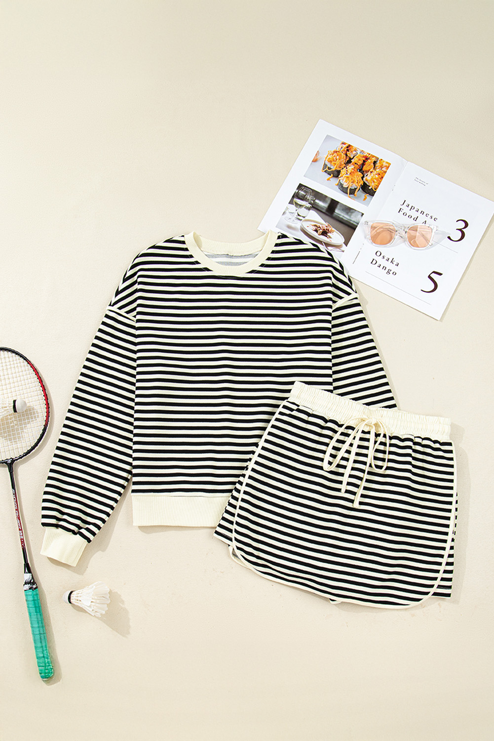 Black Stripe Textured Drop Shoulder Pullover Top Drawstring Mini Skort Two Piece Dress Set - loveforevers
