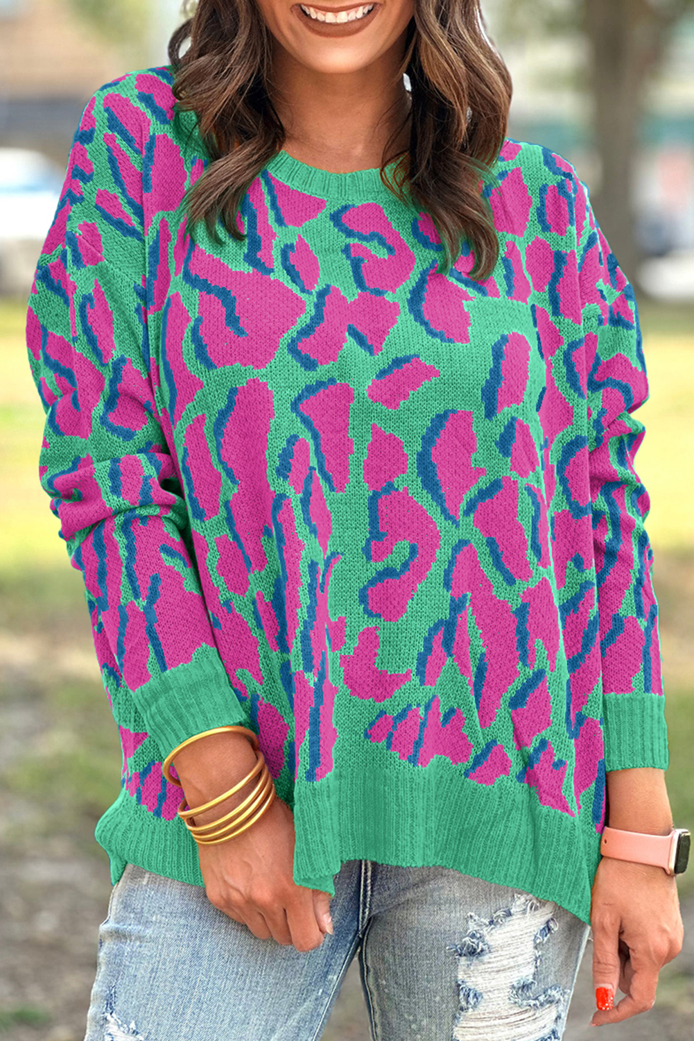 Green Abstract Print Ribbed Trim Baggy Sweater - loveforevers
