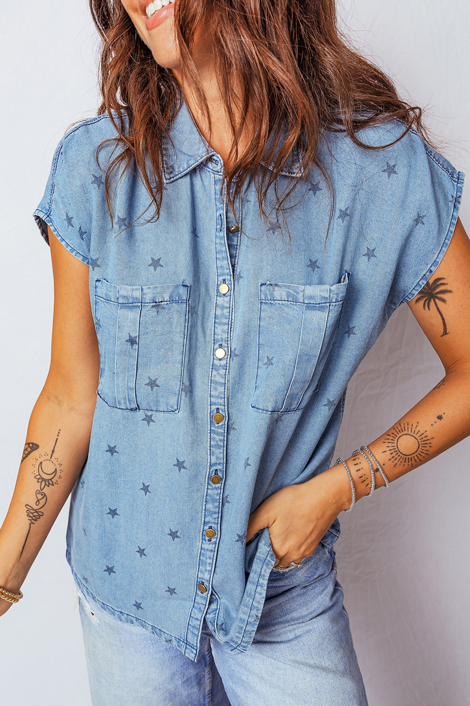 Beau Blue Star Allover Print Double Chest Pocket Short Sleeve Denim Shirt - loveforevers