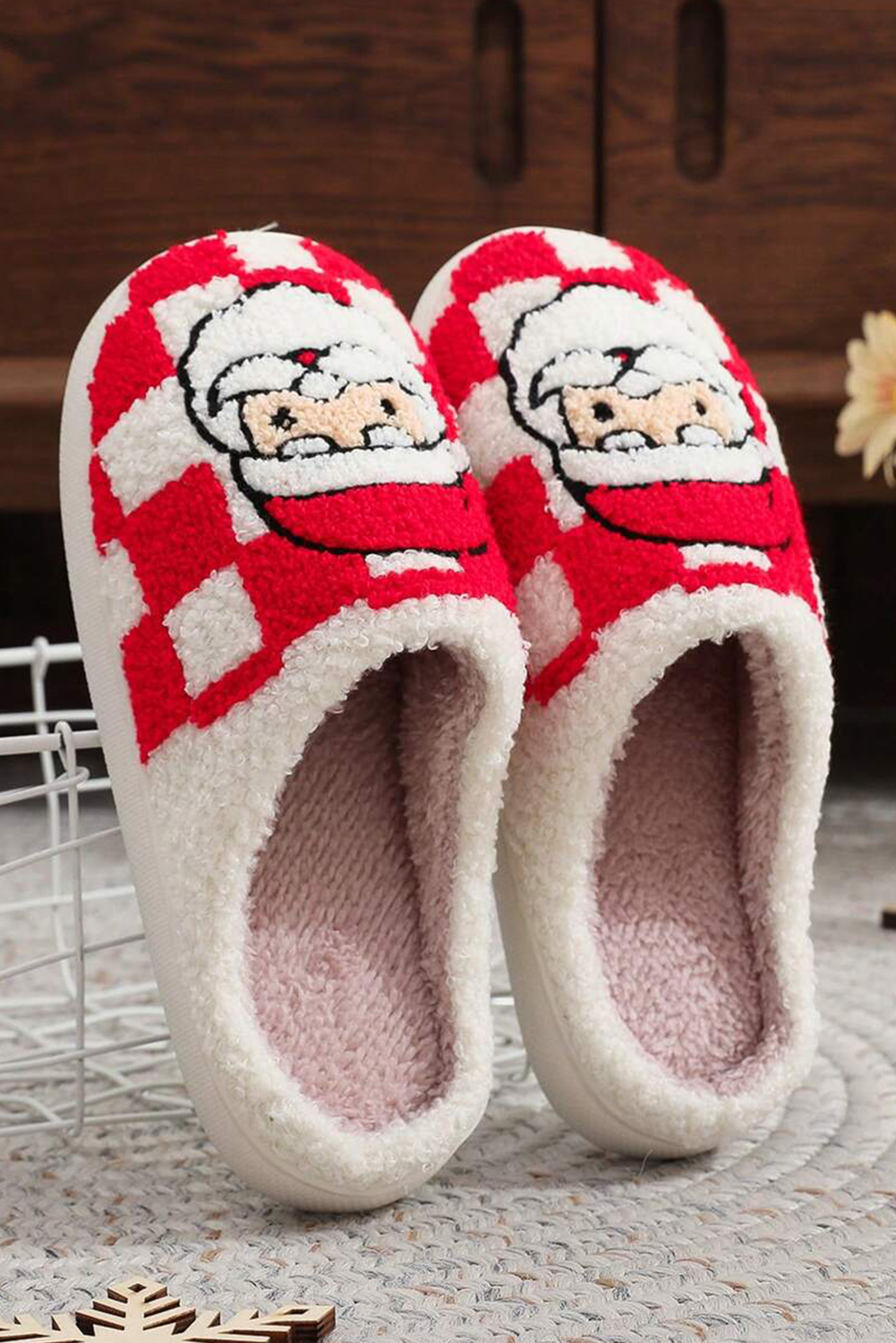 Fiery Red Checkered Santa Claus Graphic Plush Home Slippers - loveforevers