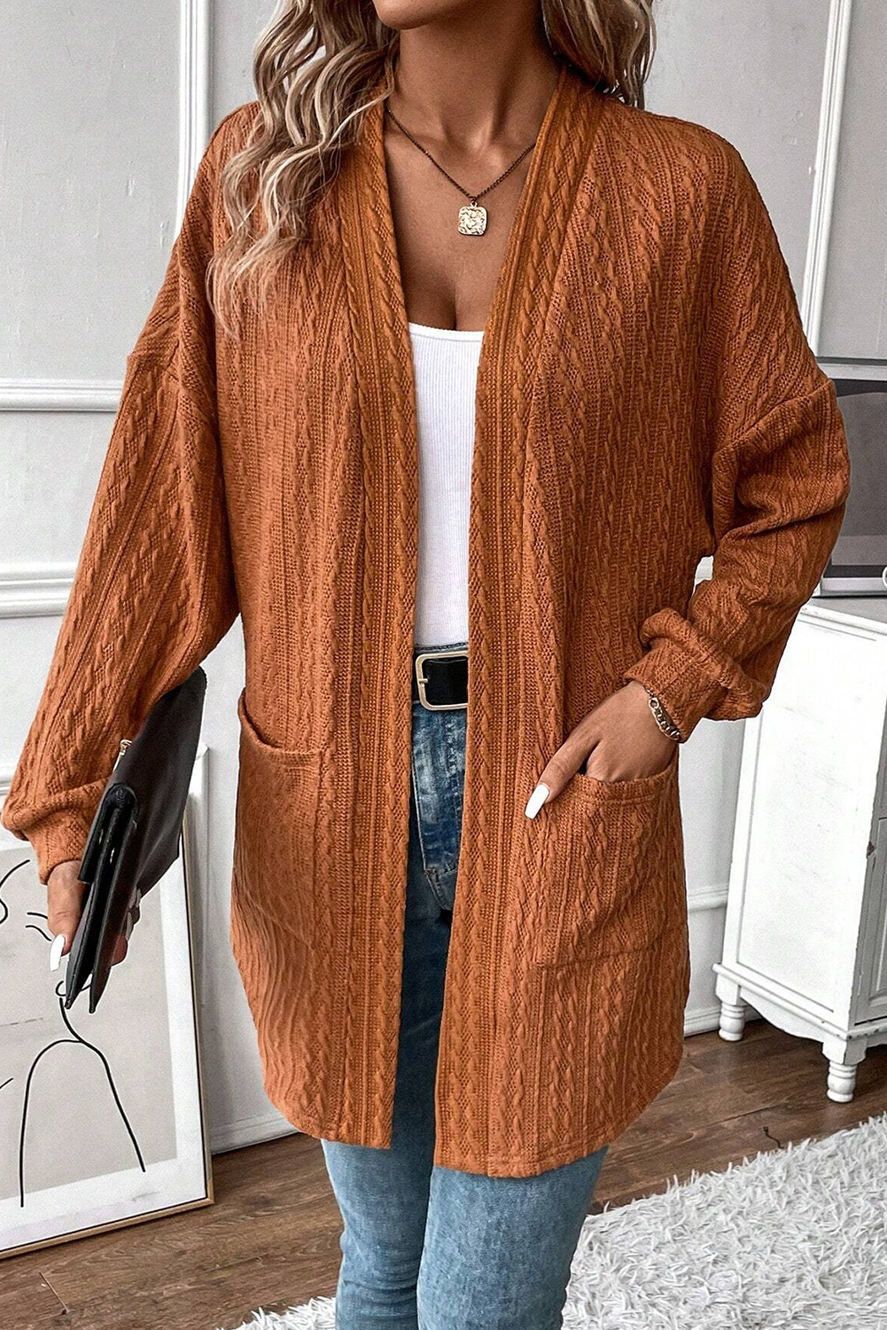 Chestnut Textured Knit Side Pockets Open Front Cardigan - loveforevers