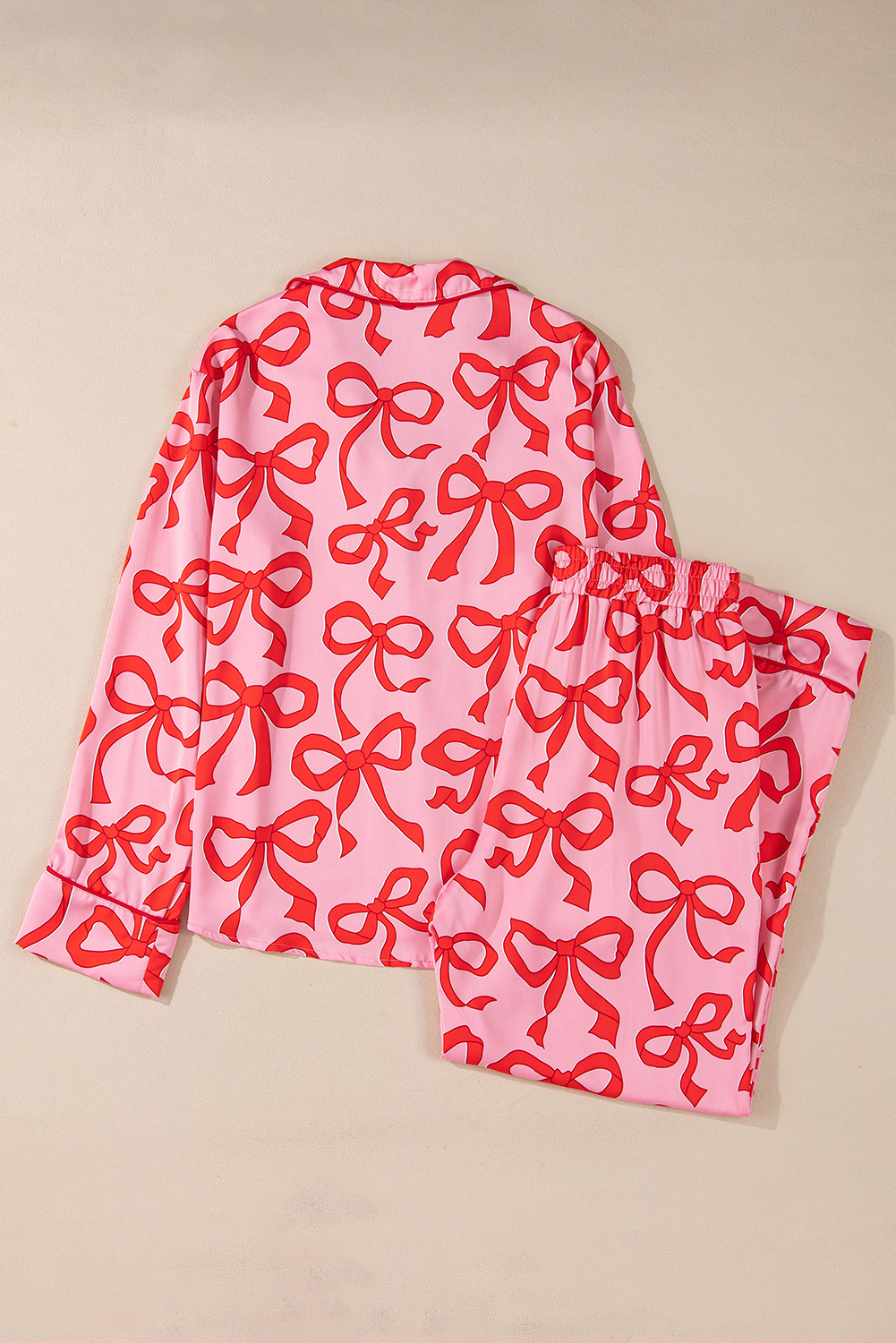 Pink 2pcs Bow Print Shirt Style Long Sleeve Pajama Set - loveforevers