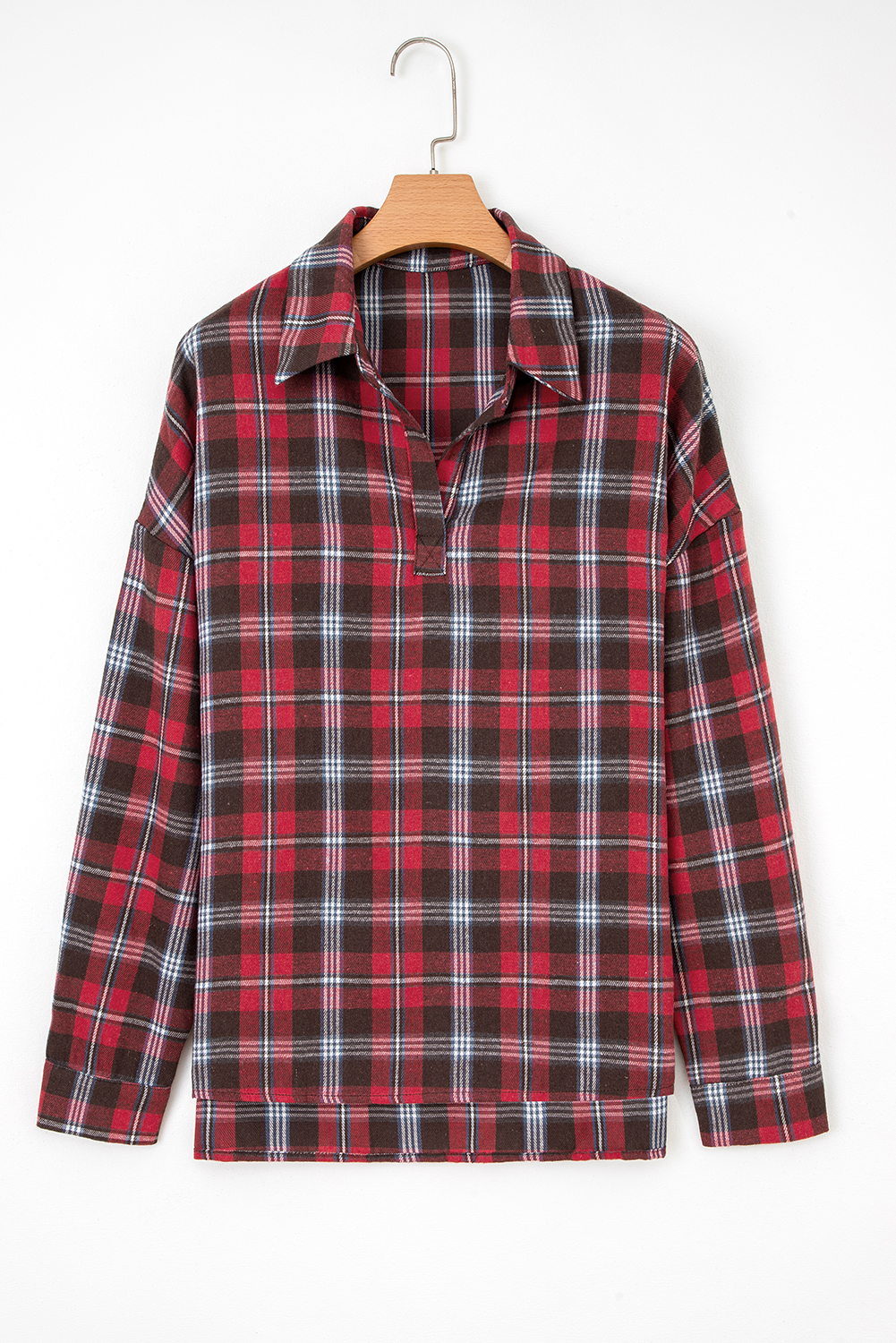 Red Plaid Print Collared V Neck Loose Blouse with Side Slits - loveforevers