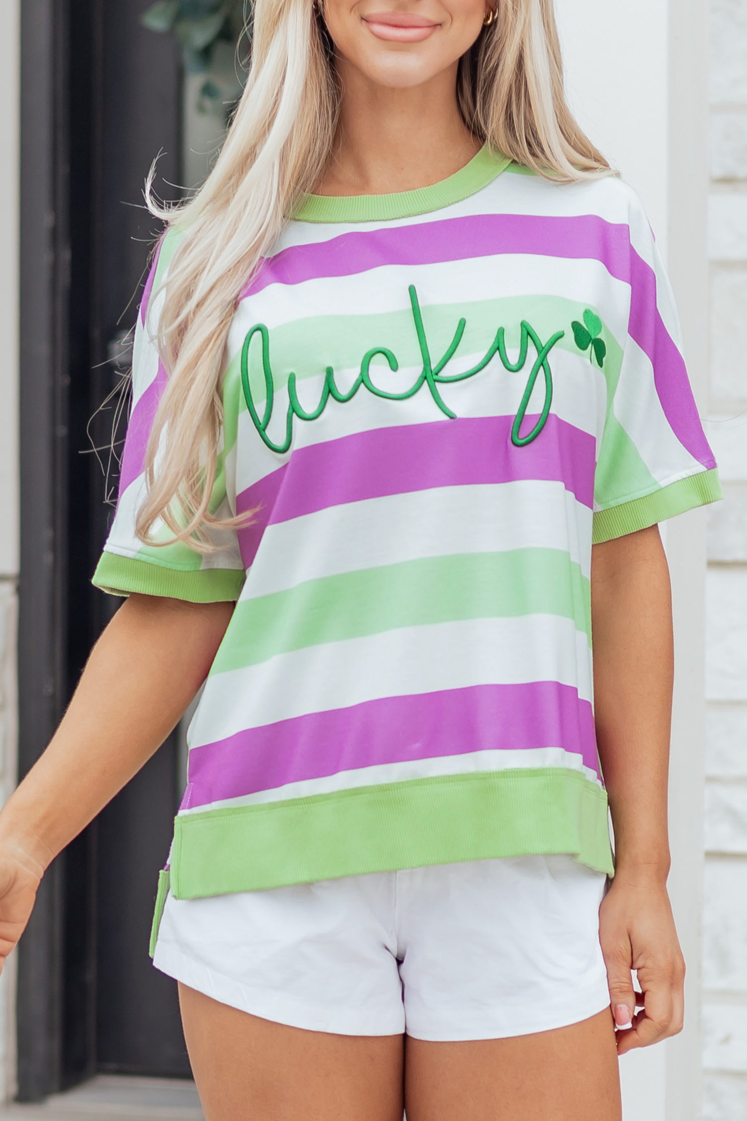 Green Stripe Lucky Clover Embroidered Graphic Dolman Loose Tee - loveforevers