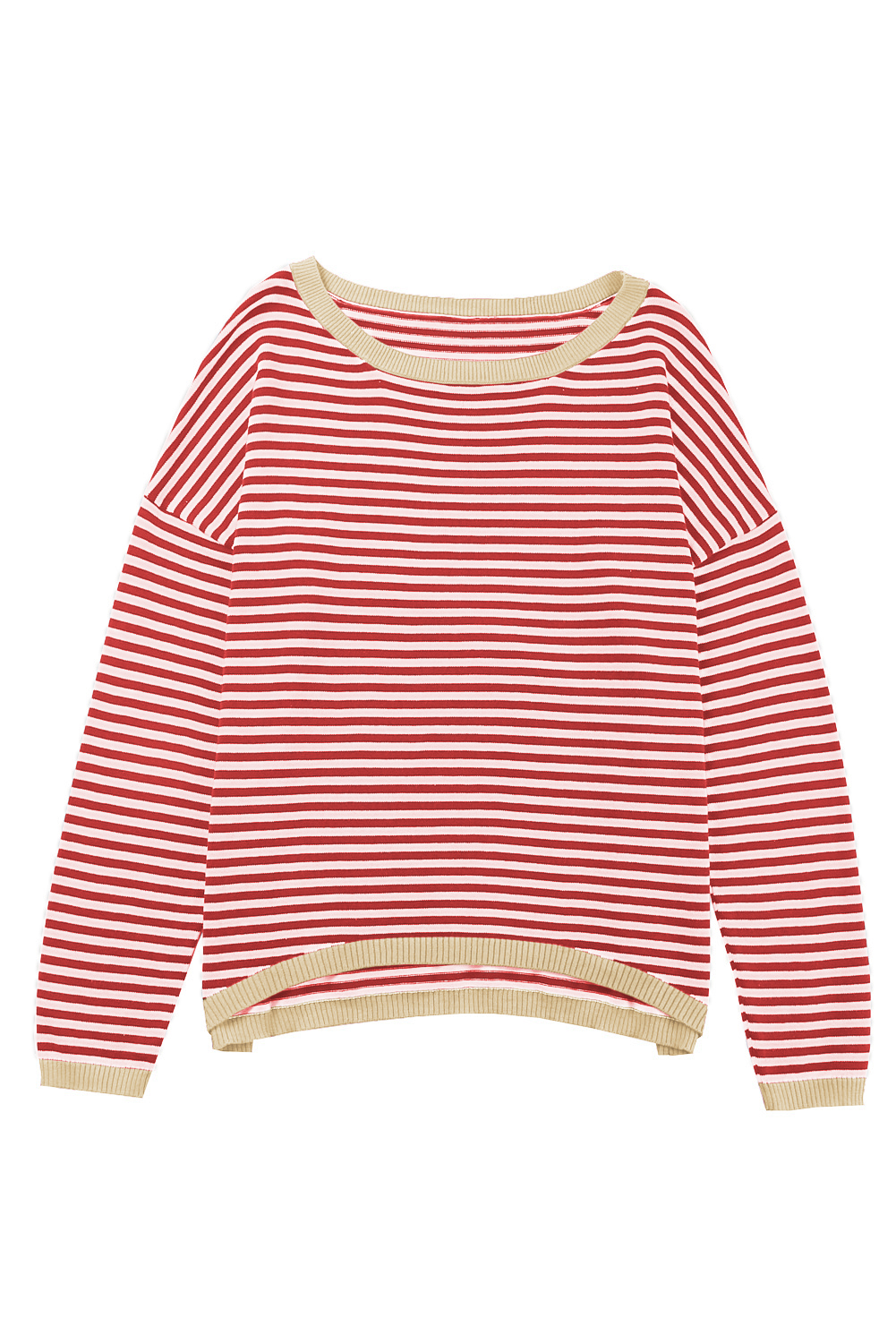 Fiery Red Striped Contrast Trimmed Drop Shoulder Sweater - loveforevers
