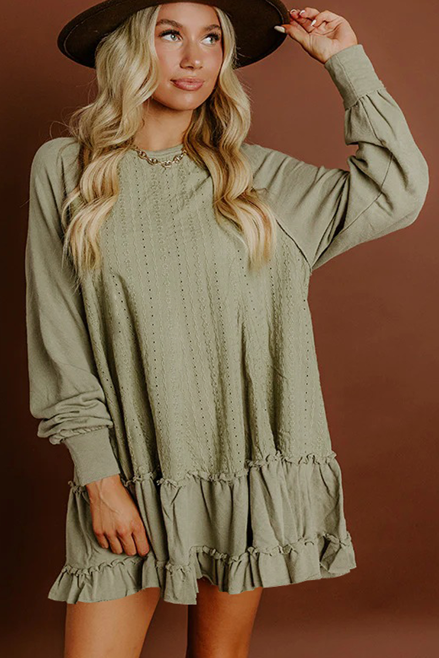 Laurel Green Jacquard Frilled Ruffled Long Sleeve Mini Dress - loveforevers
