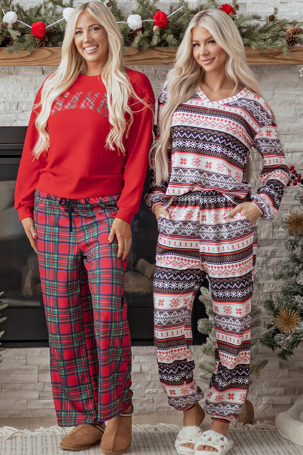 Red Plaid Mama Graphic Christmas Holiday Crewneck Pullover and Pants Two Piece Lounge Set - loveforevers