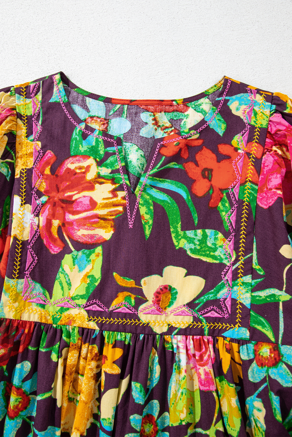 Greyish Purple Rose Flower Embroidered Trim Half Sleeve Blouse - loveforevers