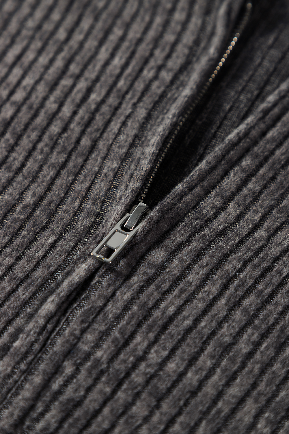 Dark Grey Ribbed Zip Up Front Drawstring Hoodie - loveforevers