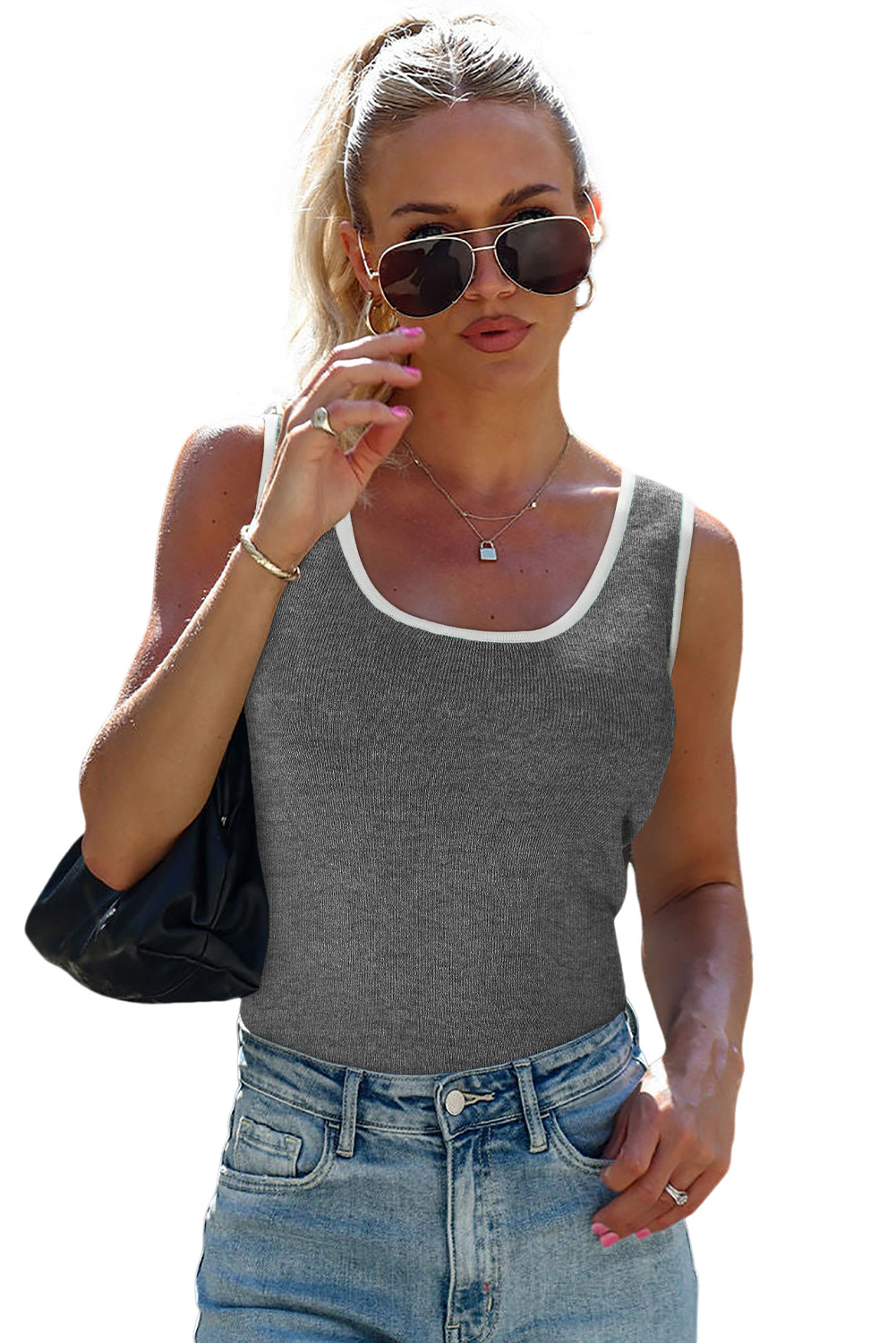 Dark Green Lightweight Ribbed Knit Contrast Trim Sweater Vest - loveforevers