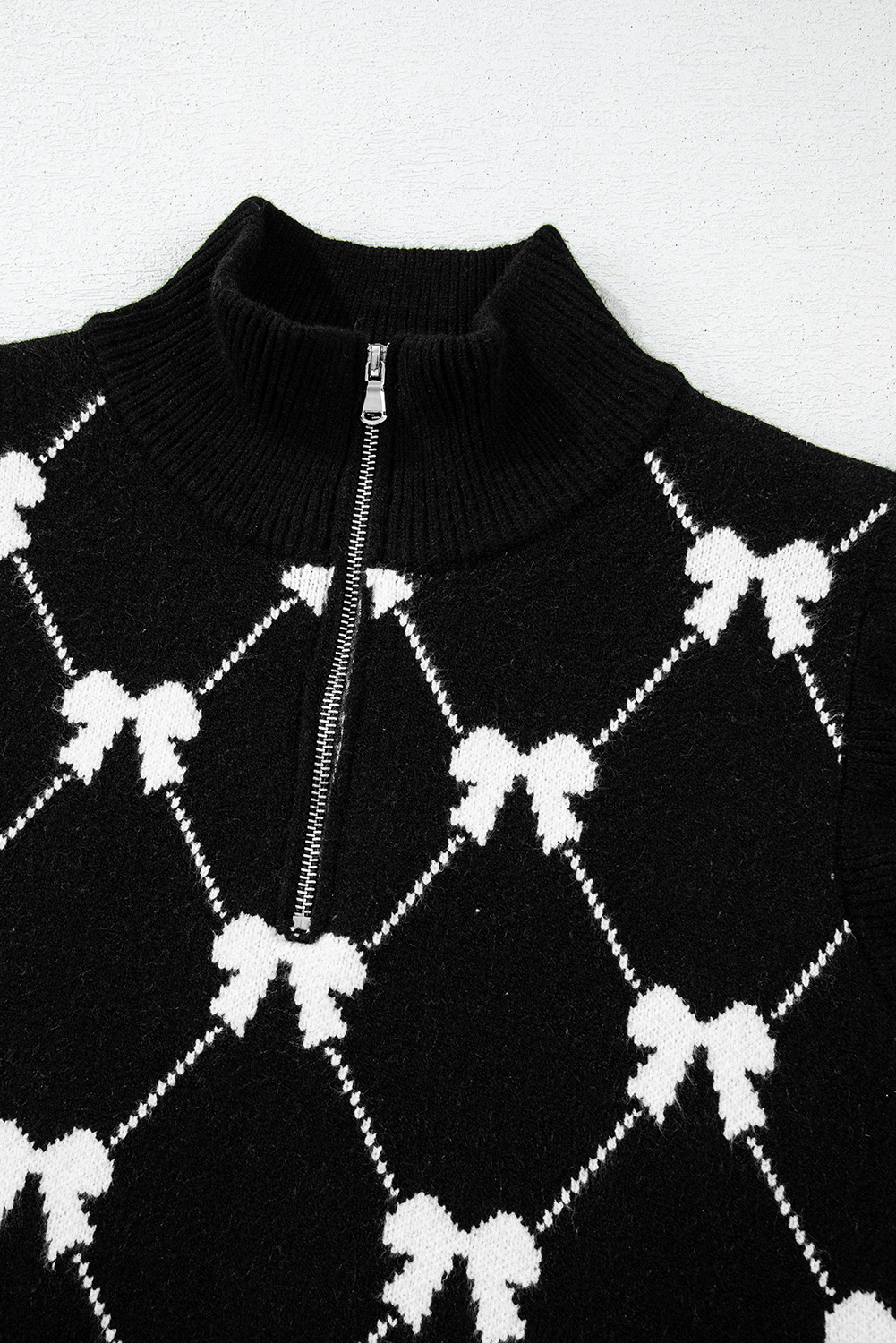 Black Preppy Vibes Bow Print Zipped Collar Sweater Tee - loveforevers