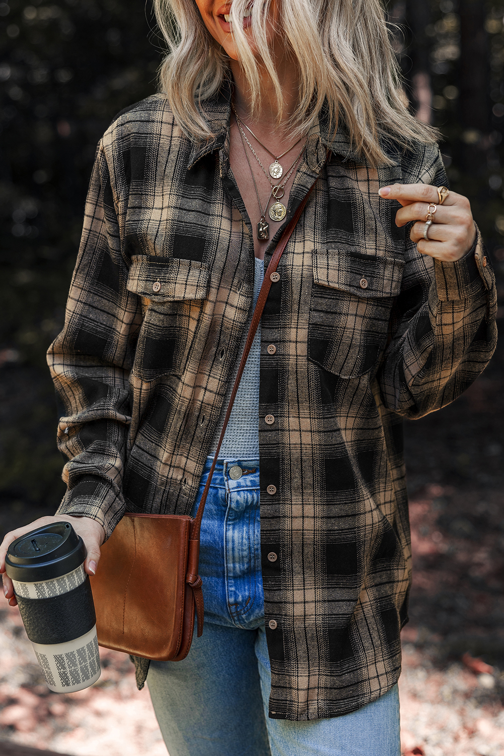 Multicolour Retro Plaid Double Flap Pocket Brushed Shacket - loveforevers