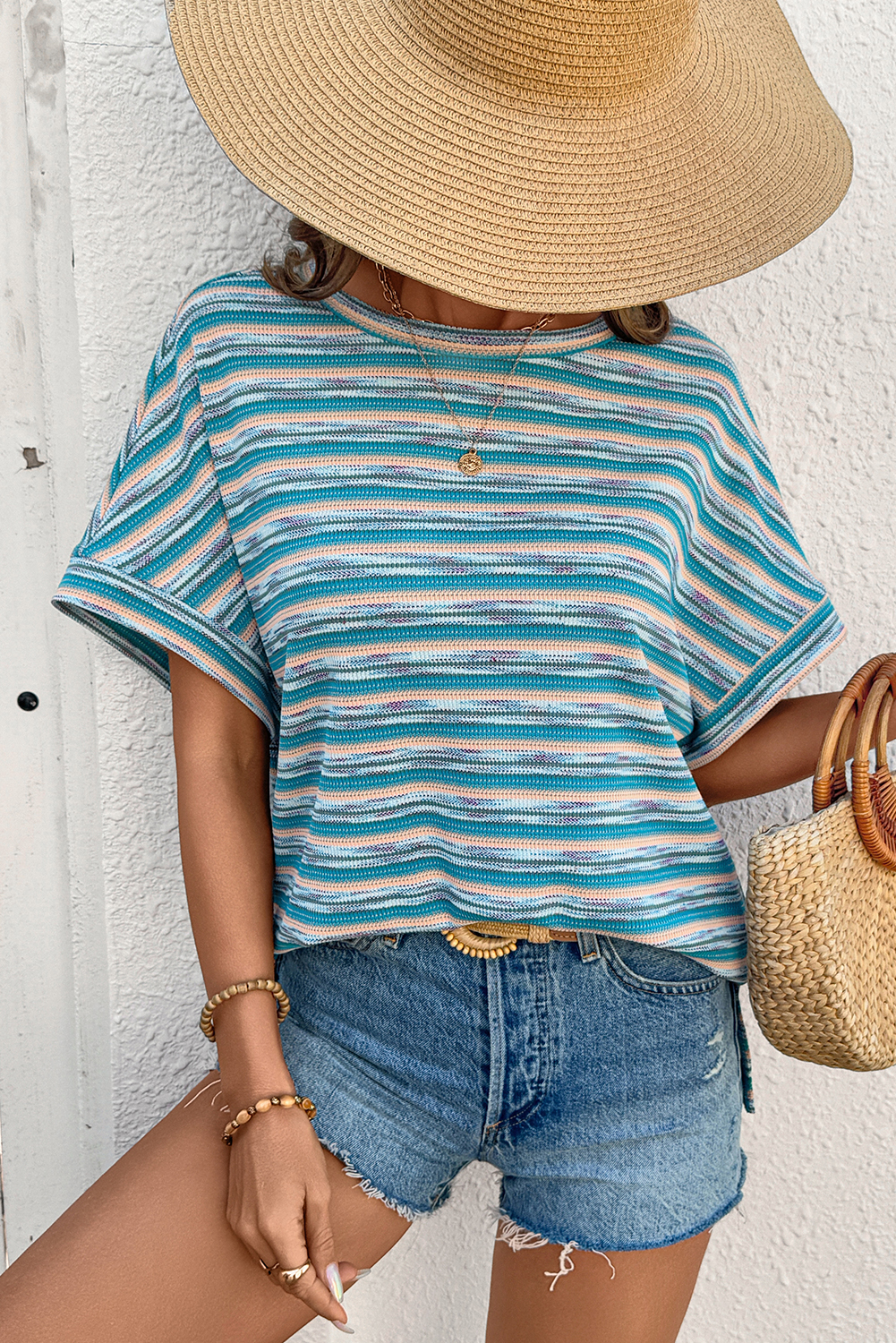 Multicolour Striped Wide Sleeve Loose T Shirt - loveforevers