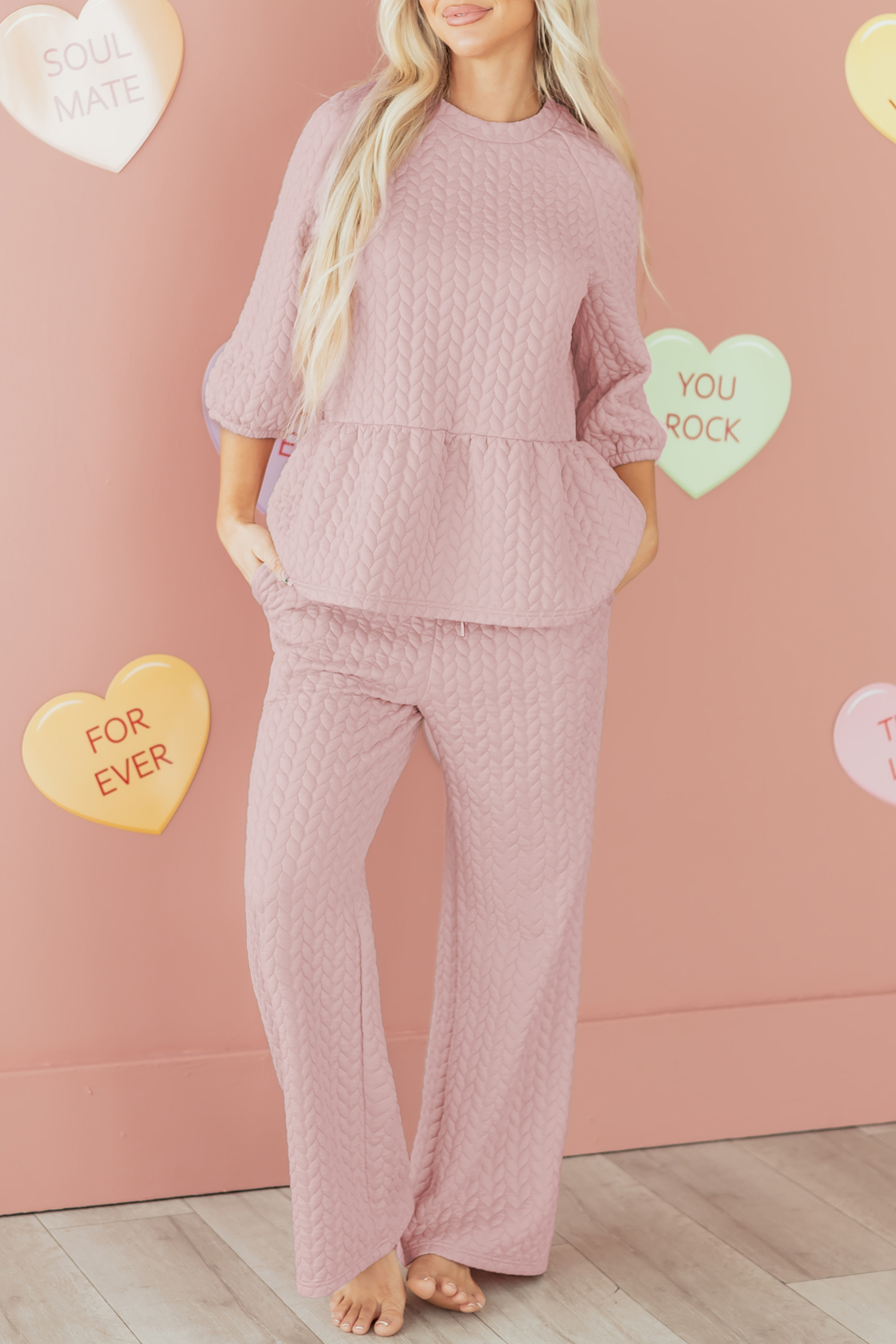 Delicacy Braided Texture Ruffle Hem Top Drawstring Loose Pants Set - loveforevers