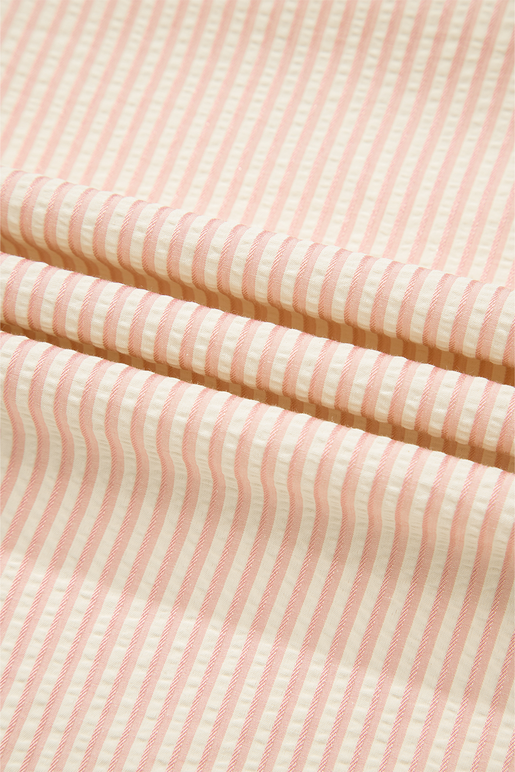 Pink Stripe Bow Knot Cuff Pearl Embellished Puff Sleeve V Neck Blouse - loveforevers