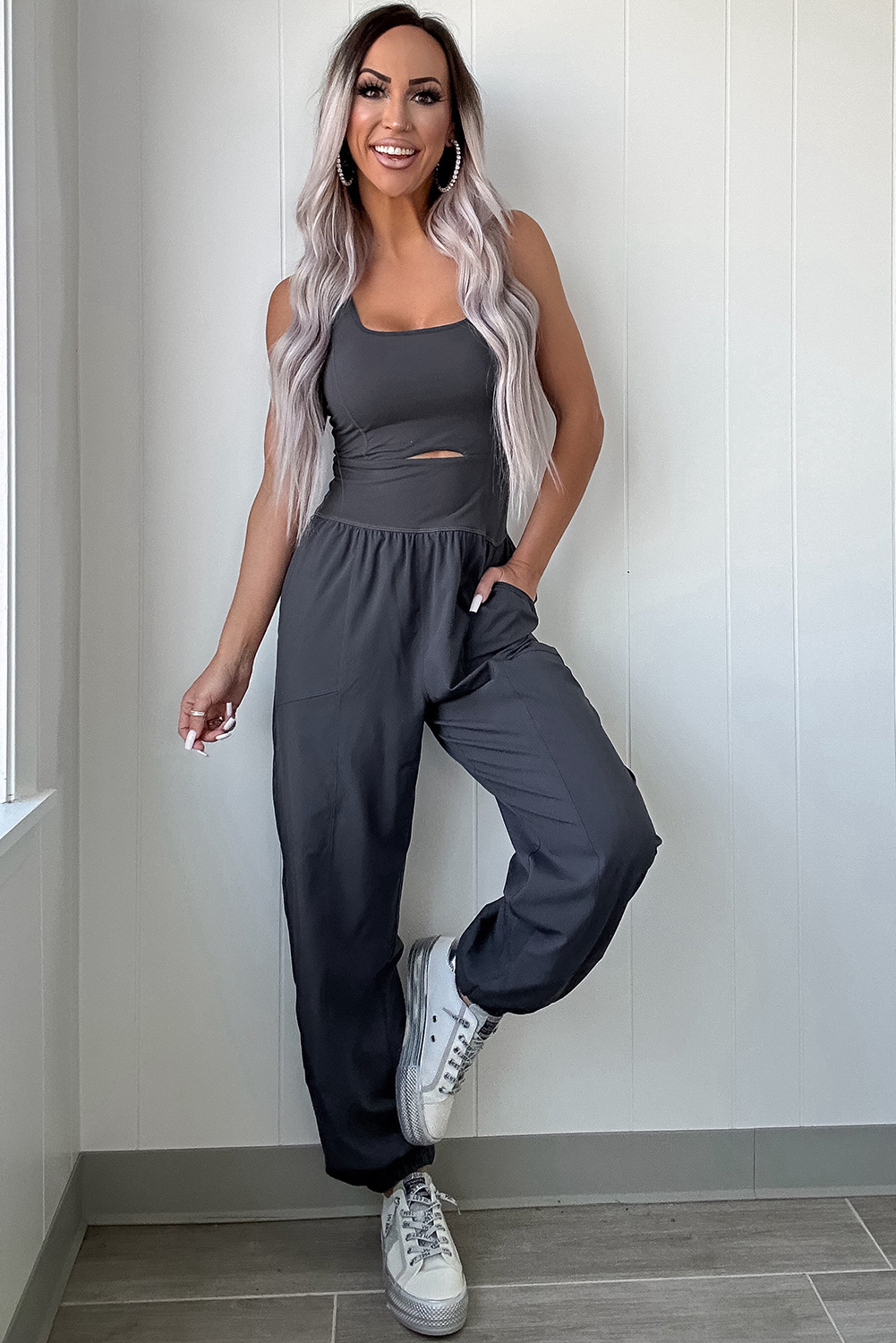 Carbon Grey Back Crossed Straps Hollow Out Jogger Jumpsuit - loveforevers