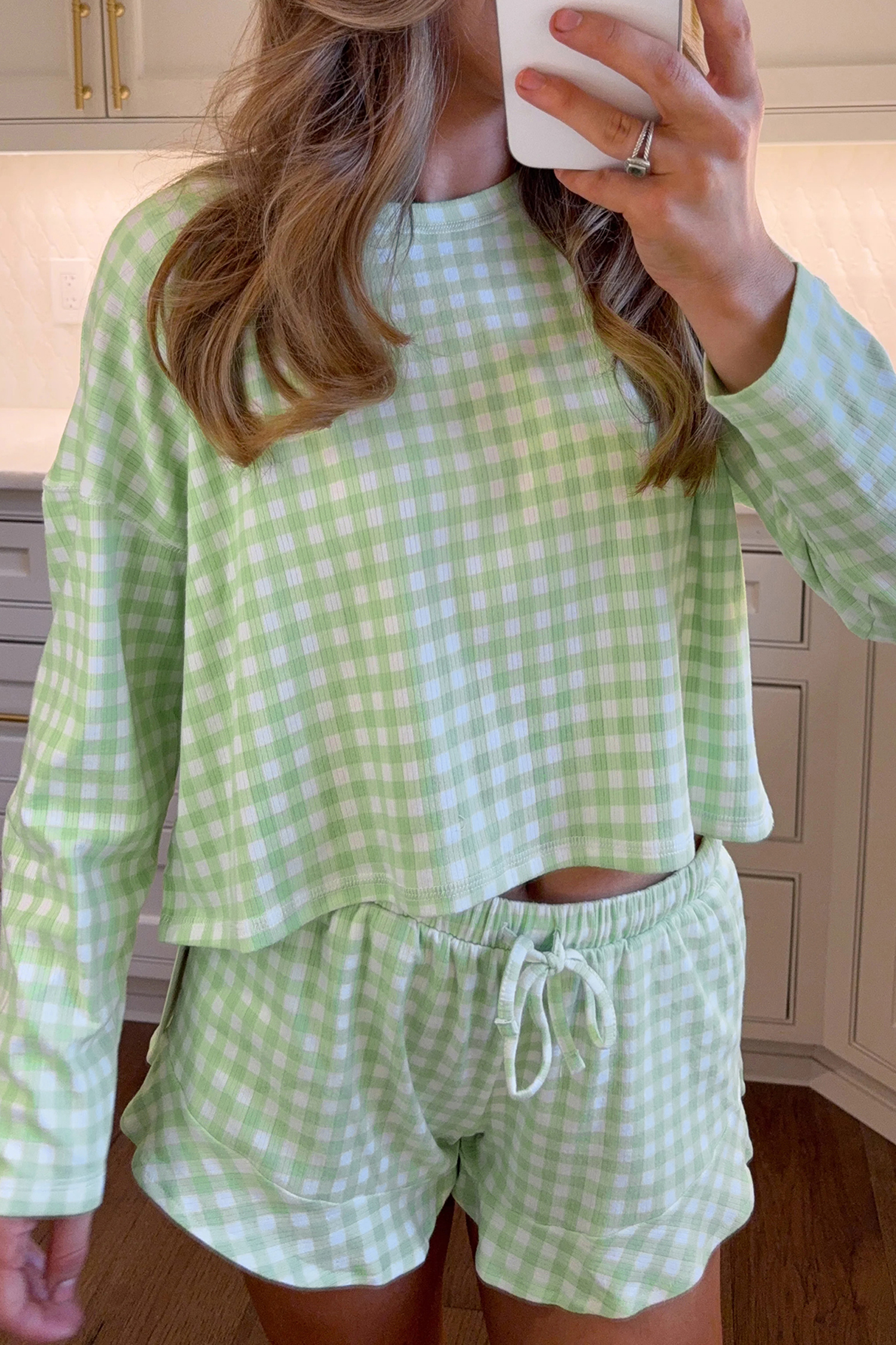 Green Gingham Long Sleeve Loose Top Drawstring Shorts 2pcs Lounge Set - loveforevers