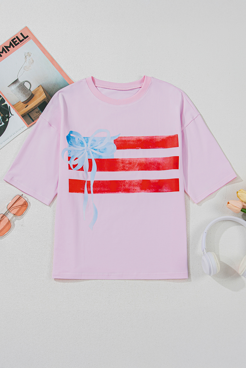 Myosotis Flag Bow Graphic Crewneck Tee - loveforevers