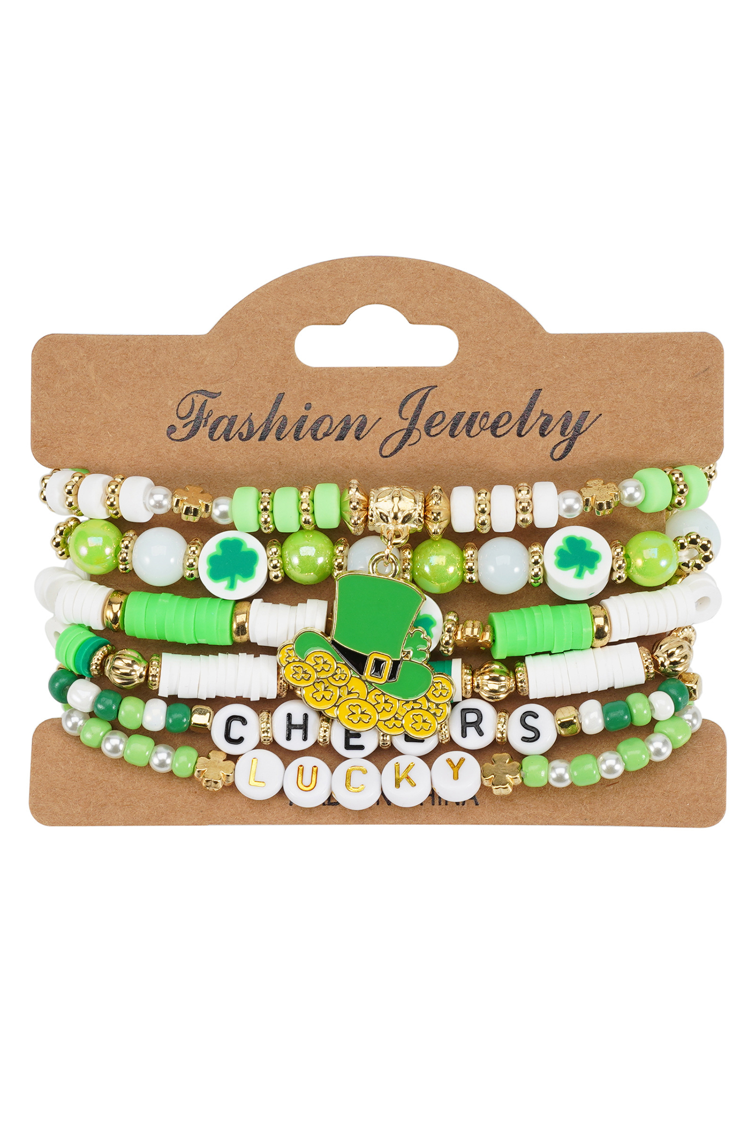 Green LUCKY CHEERS St Patricks Day Multilayered 6pcs Bracelet Set - loveforevers