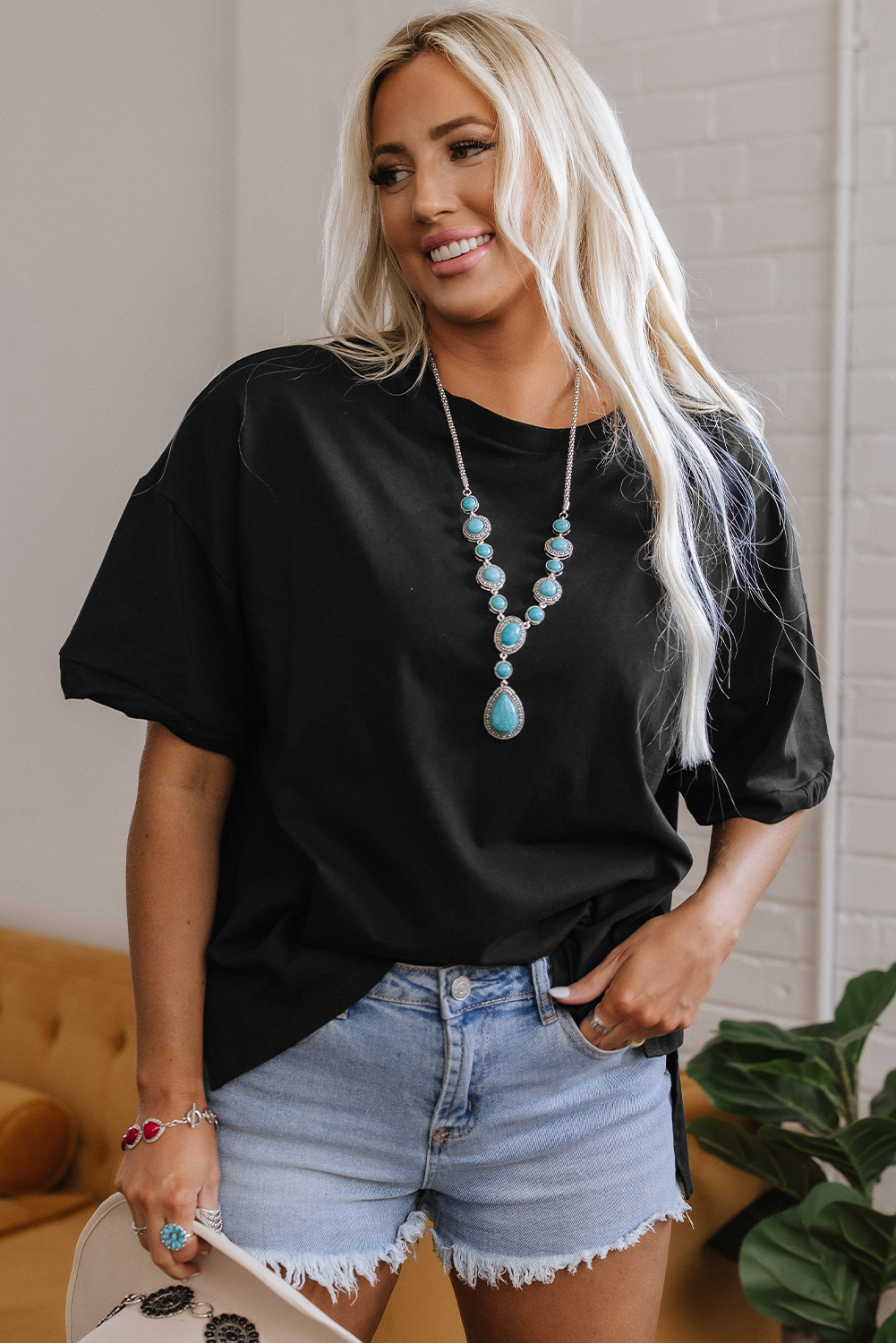 Black Loose Half Sleeve Hi Low Hem T Shirt - loveforevers