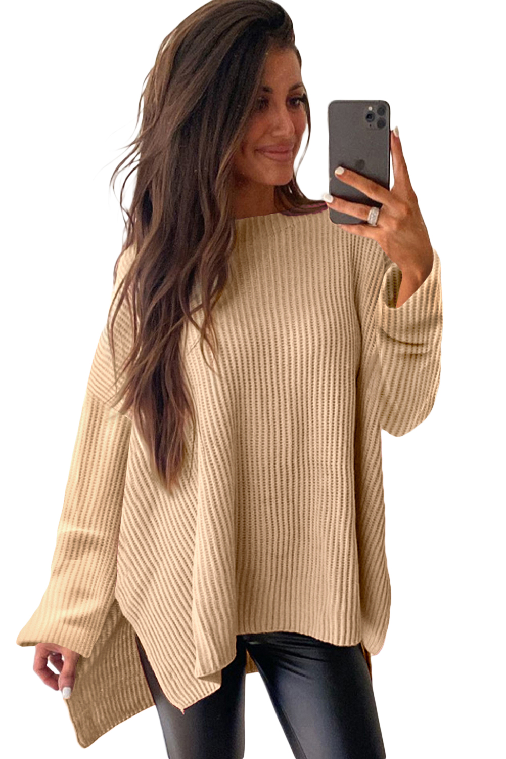 Apricot Cable Knit Drop Shoulder Side Slits Loose Sweater - loveforevers