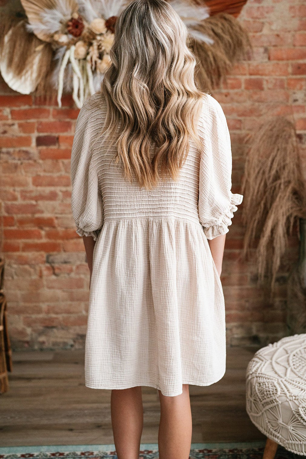 White Textured Ruffled Puff Sleeve Loose Dress - loveforevers