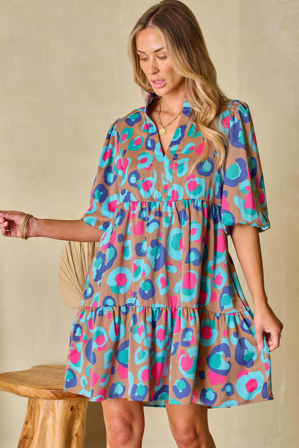 Green Leopard Print Bubble Sleeve Slit Neck Ruffled Dress - loveforevers