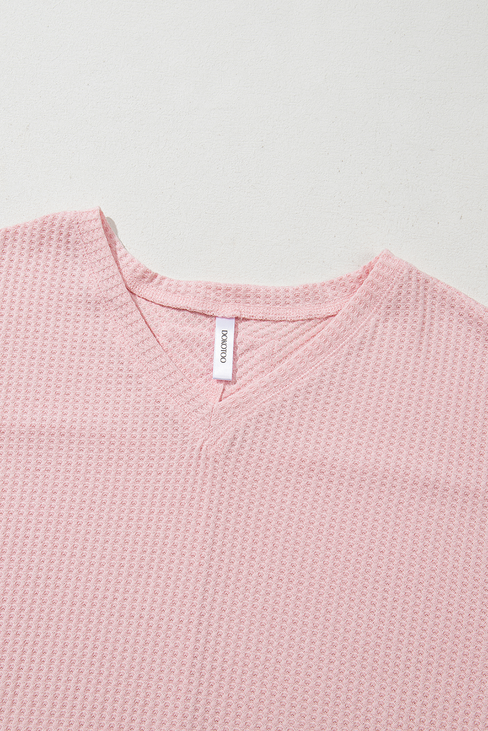 Light Pink Waffle V Neck Long Sleeve Drop Shoulder Loose Blouse - loveforevers