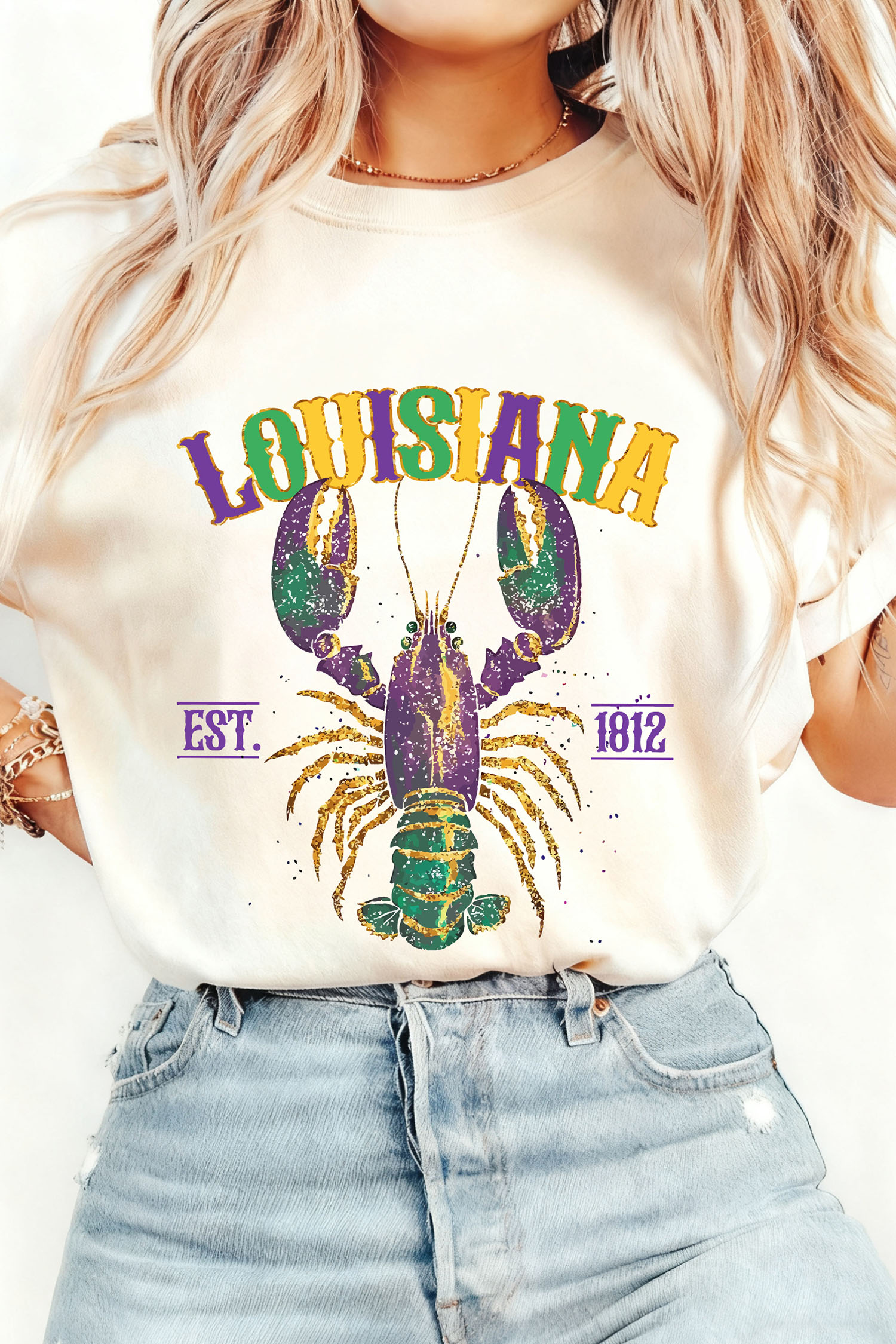 White LOUISIANA Mardi Gras Crayfish Printed Casual T Shirt - loveforevers