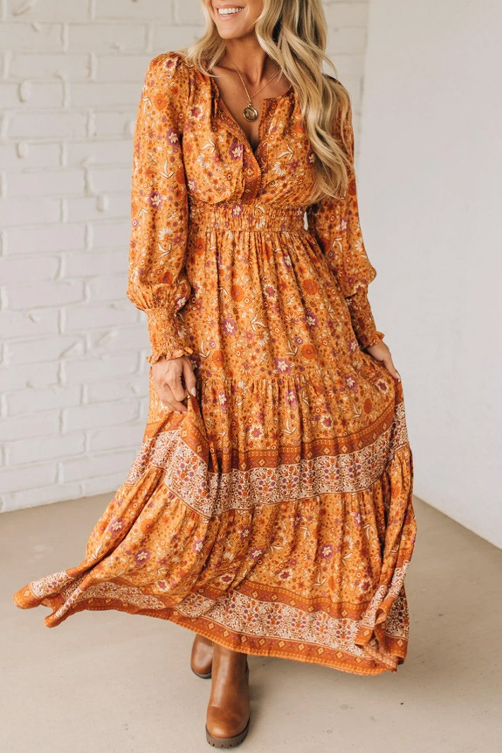 Orange Floral Print Smocked Waist Long Sleeve Boho Maxi Dress - loveforevers
