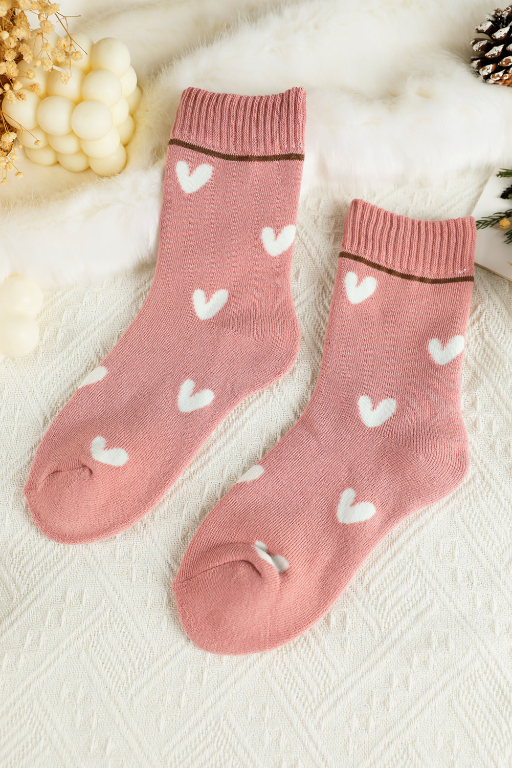 Pink Contrast Heart Print Ribbed Cuff Womens Crew Socks - loveforevers