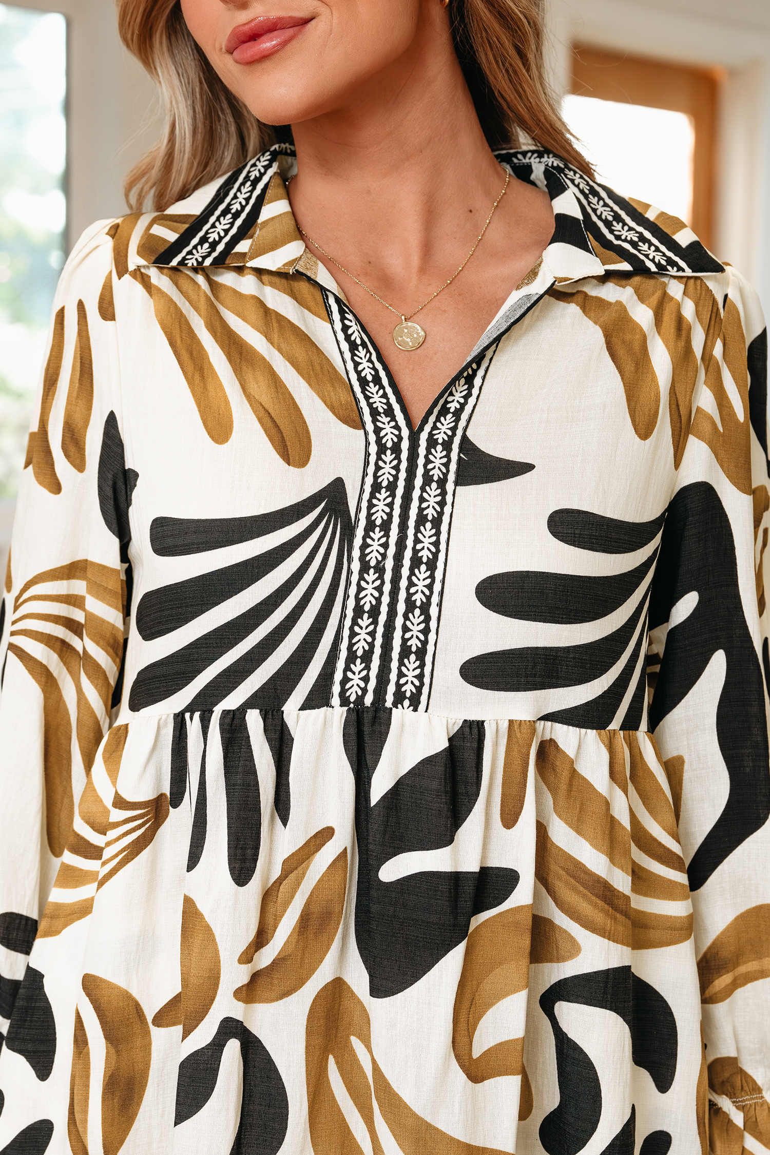Brown Tropical Printed Contrast Trim Neck Long Sleeve Ruffle Hem Dress - loveforevers