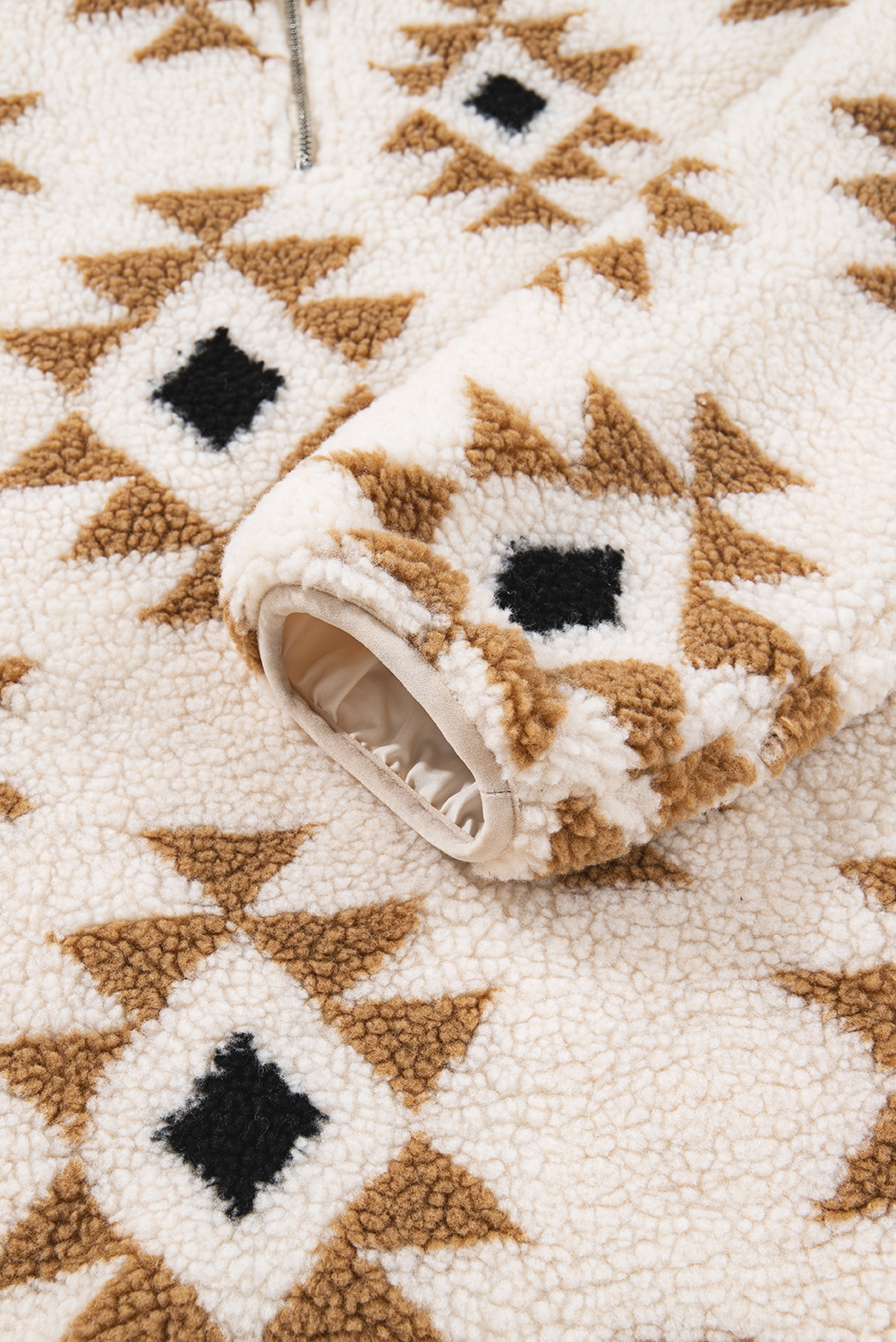 Khaki Aztec Print Sherpa Quarter Zip Collar Sweatshirt - loveforevers