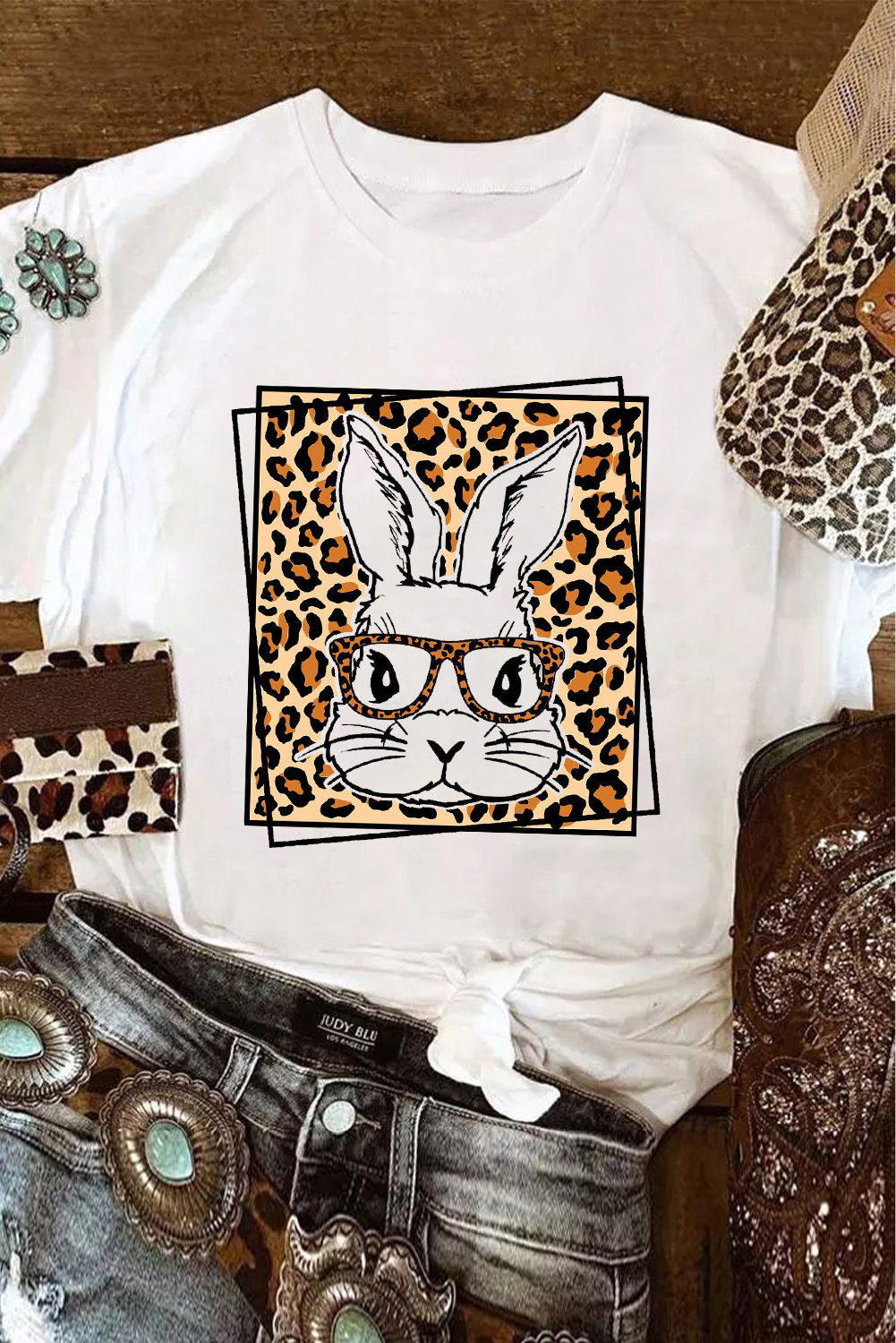 White Leopard Cute Bunny Graphic Crewneck Easter Tee - loveforevers