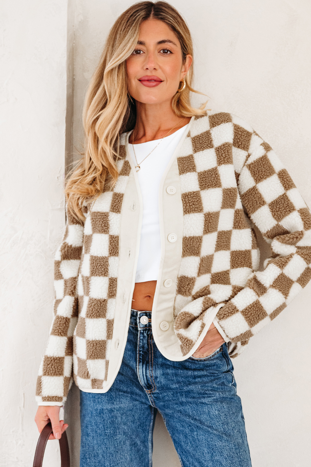 Brown Checkered Sherpa Buttoned Front Chunky Jacket - loveforevers