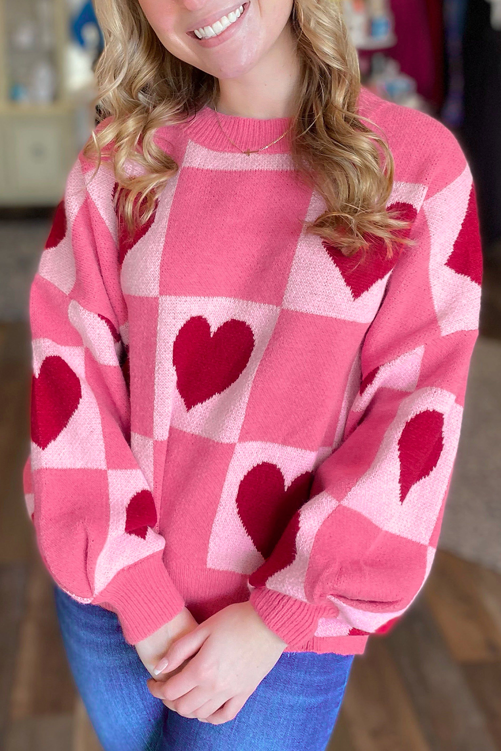 Pink Love Heart Checkered Valentine Crew Neck Sweater - loveforevers