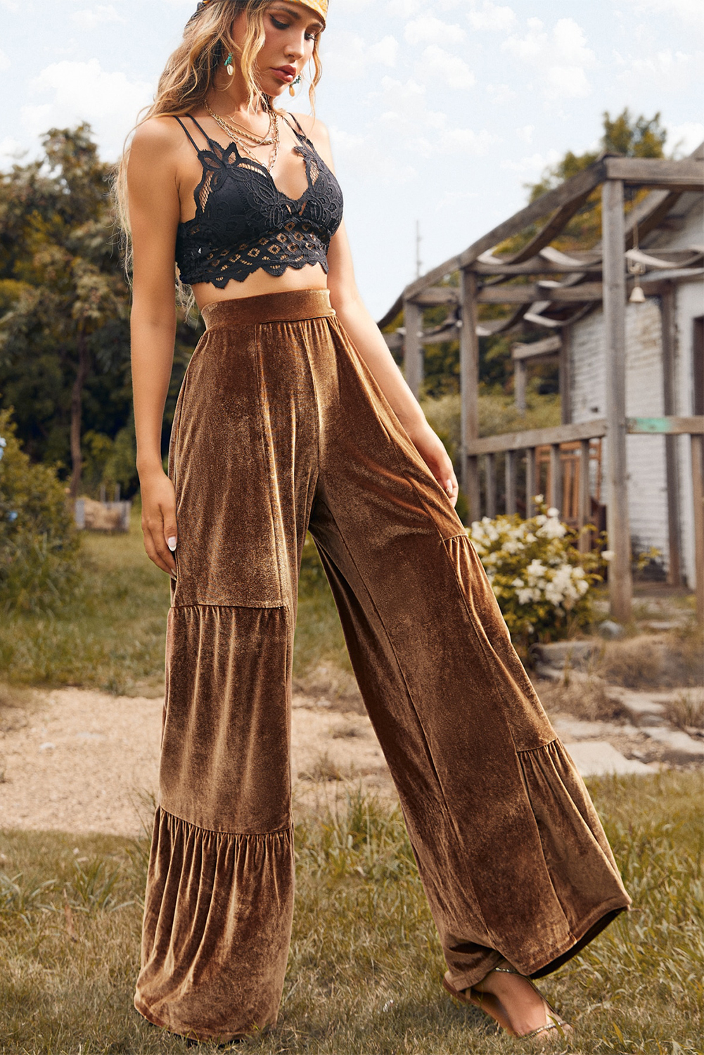 Chestnut Ruffle Hem Wide Leg Velvet Pants - loveforevers