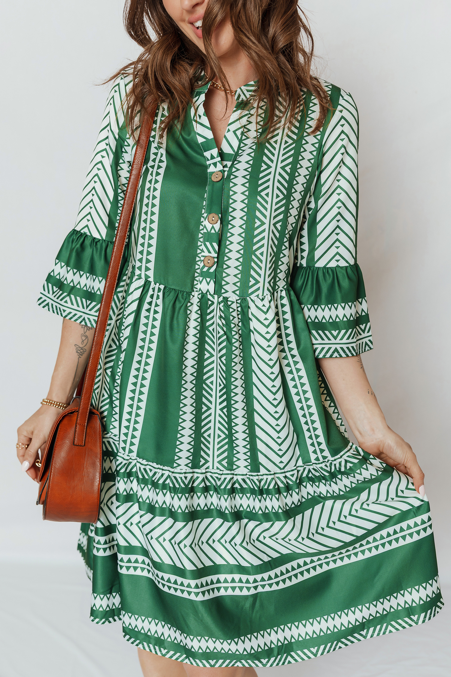 Green Boho Ethnic Print Half Button 3/4 Sleeve Casual Dress - loveforevers