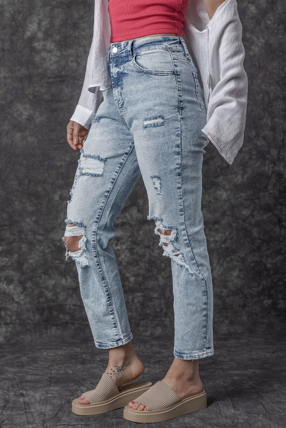 Sky Blue Light Wash Frayed Slim Fit High Waist Jeans - loveforevers
