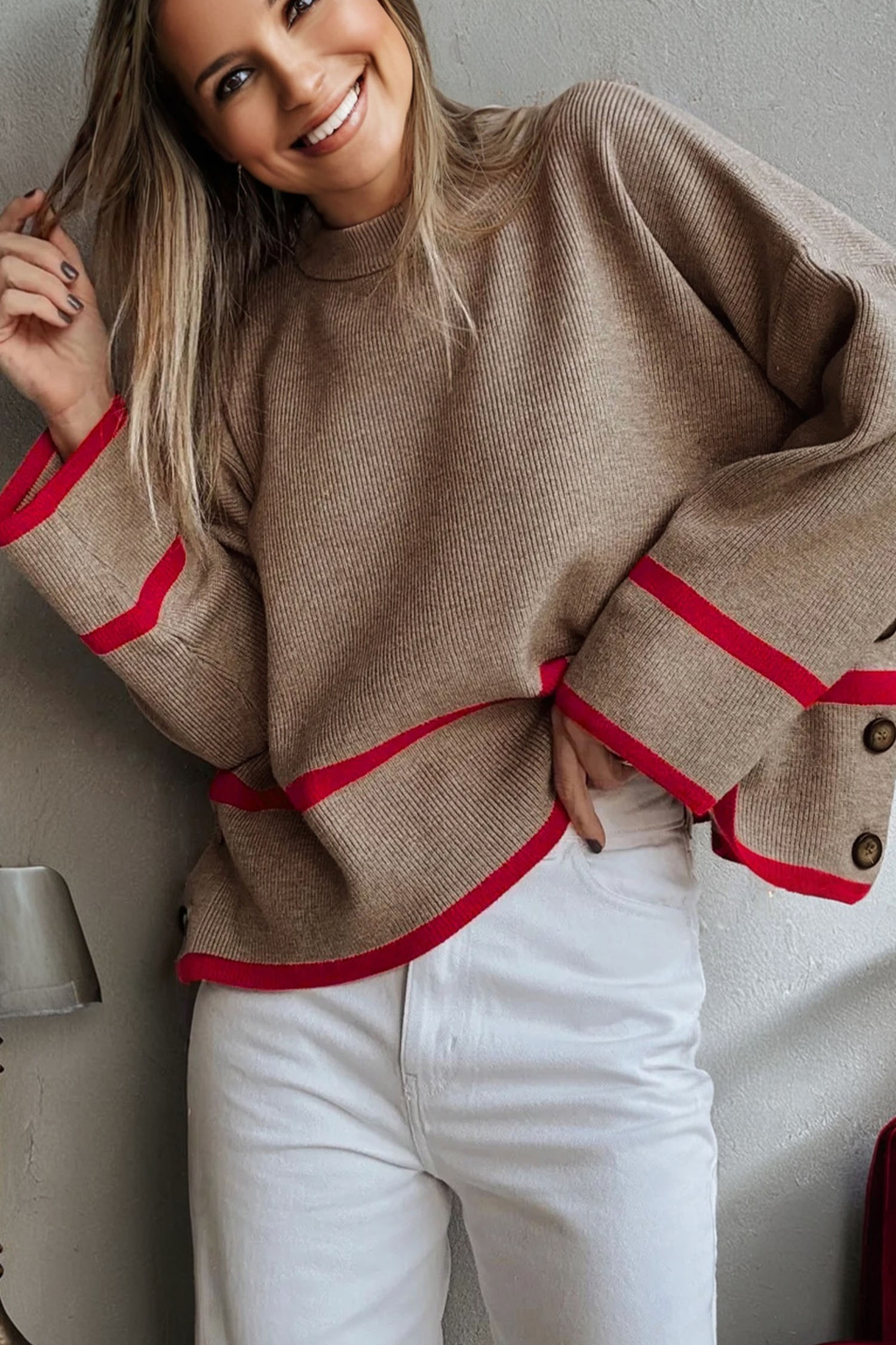 Simply Taupe Ribbed Knit Contrasted Stripe Detail Button Side Loose Sweater - loveforevers