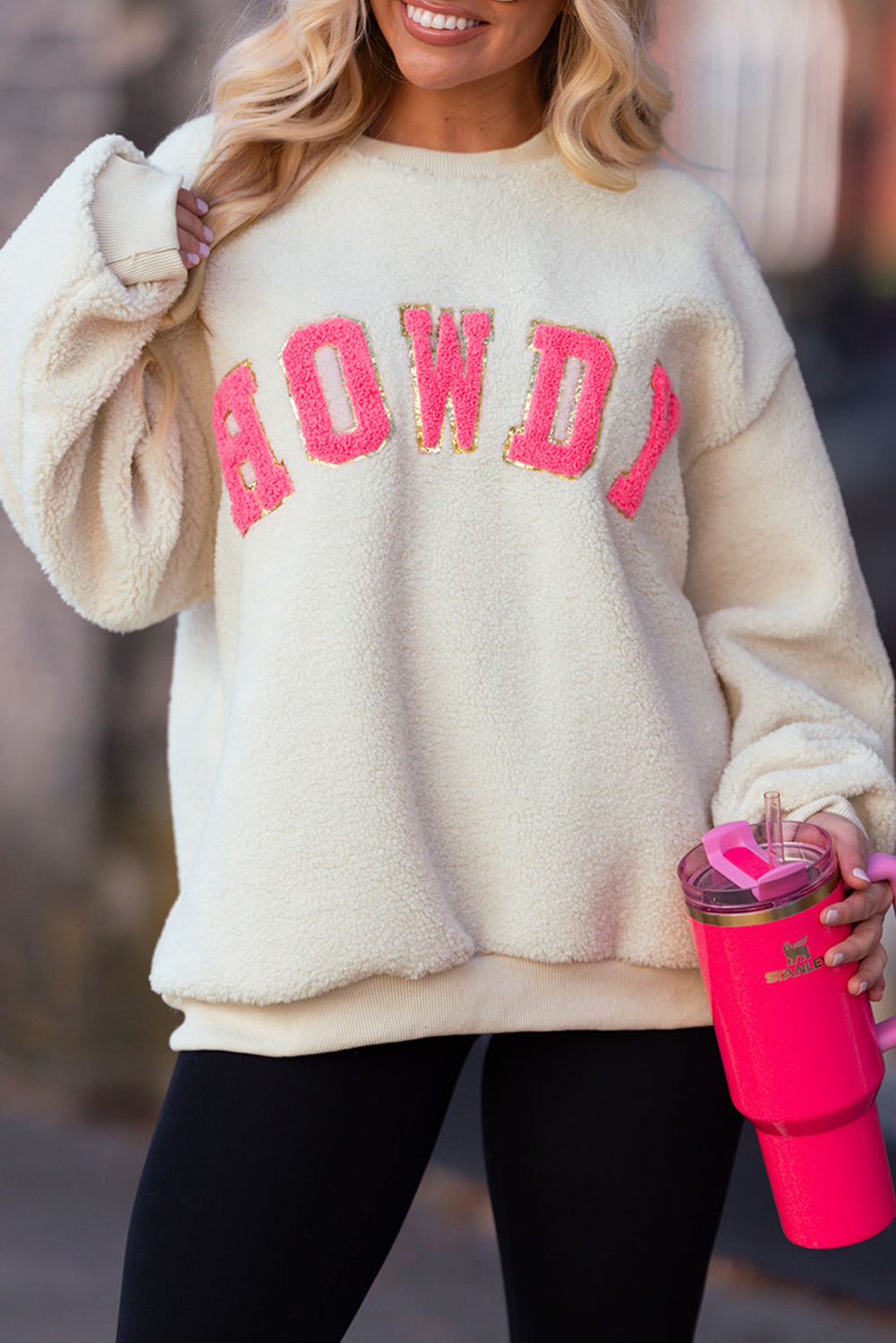 Beige Sherpa HOWDY Patched Pullover Sweatshirt - loveforevers