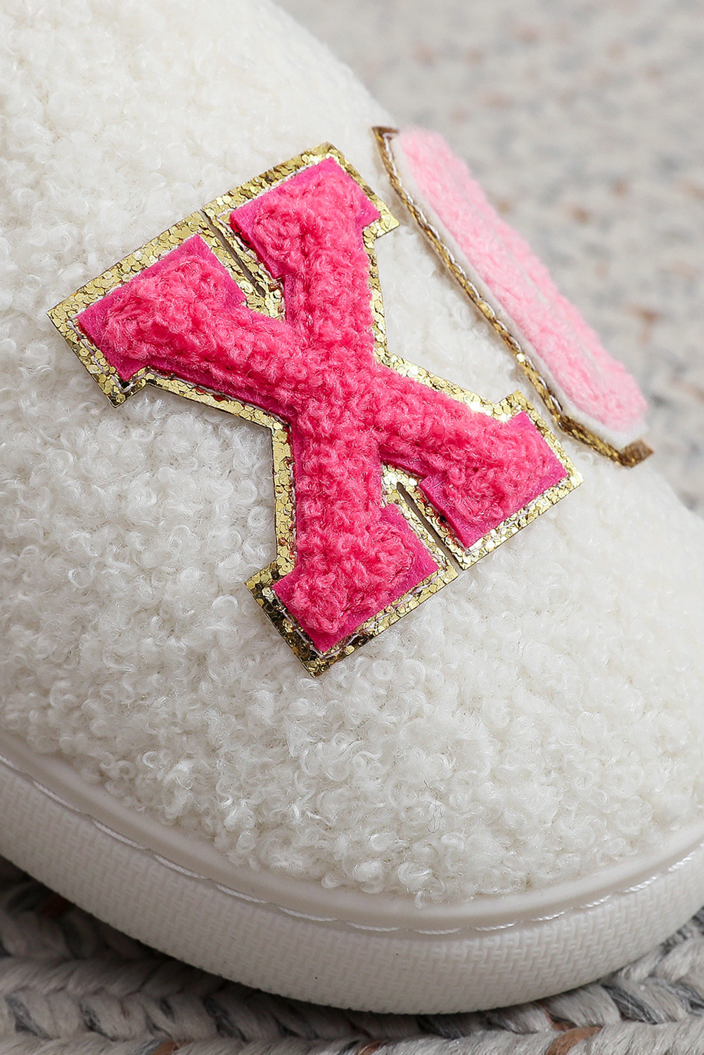 White XO XO Glitter Trim Letter Patched Plush House Slippers - loveforevers