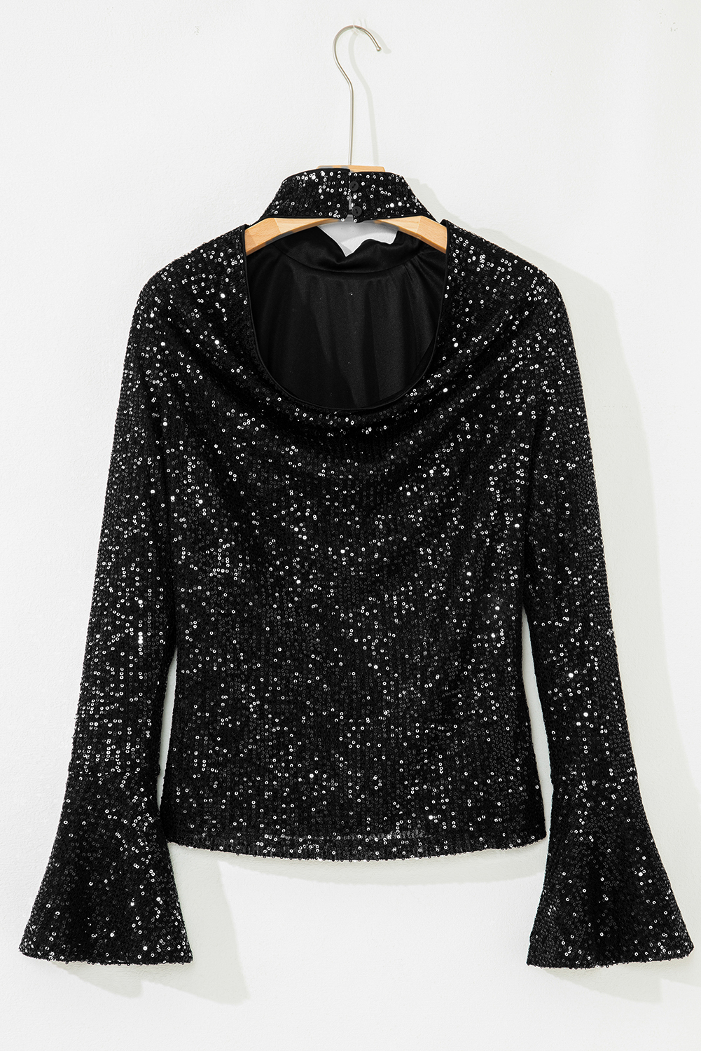 Jet Stream Sequin Mock Neck Drape Open Back Bell Sleeve Top - loveforevers