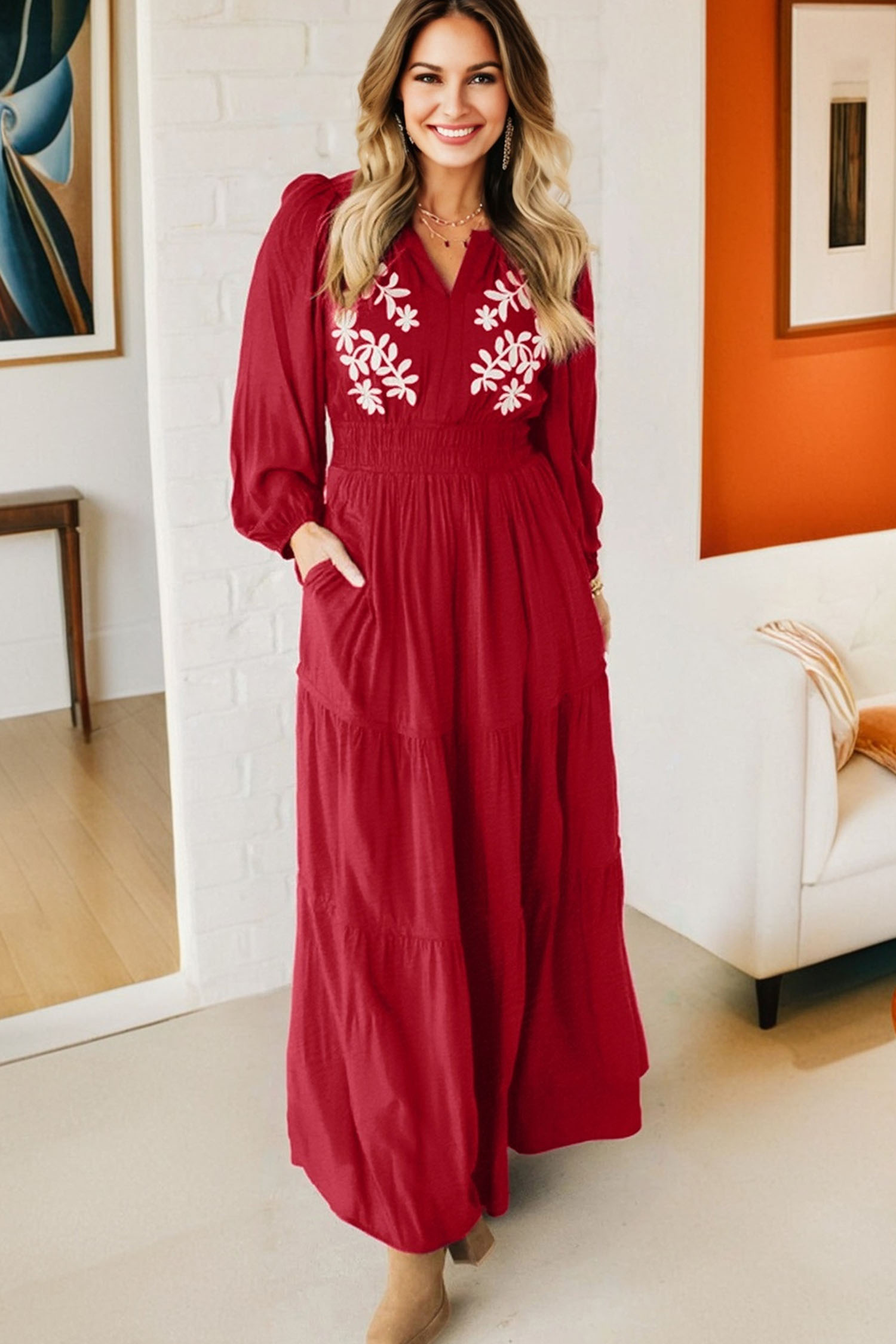 Racing Red Contrast Embroidered Detail Cinched Waist Tiered Long Sleeve Maxi Dress - loveforevers