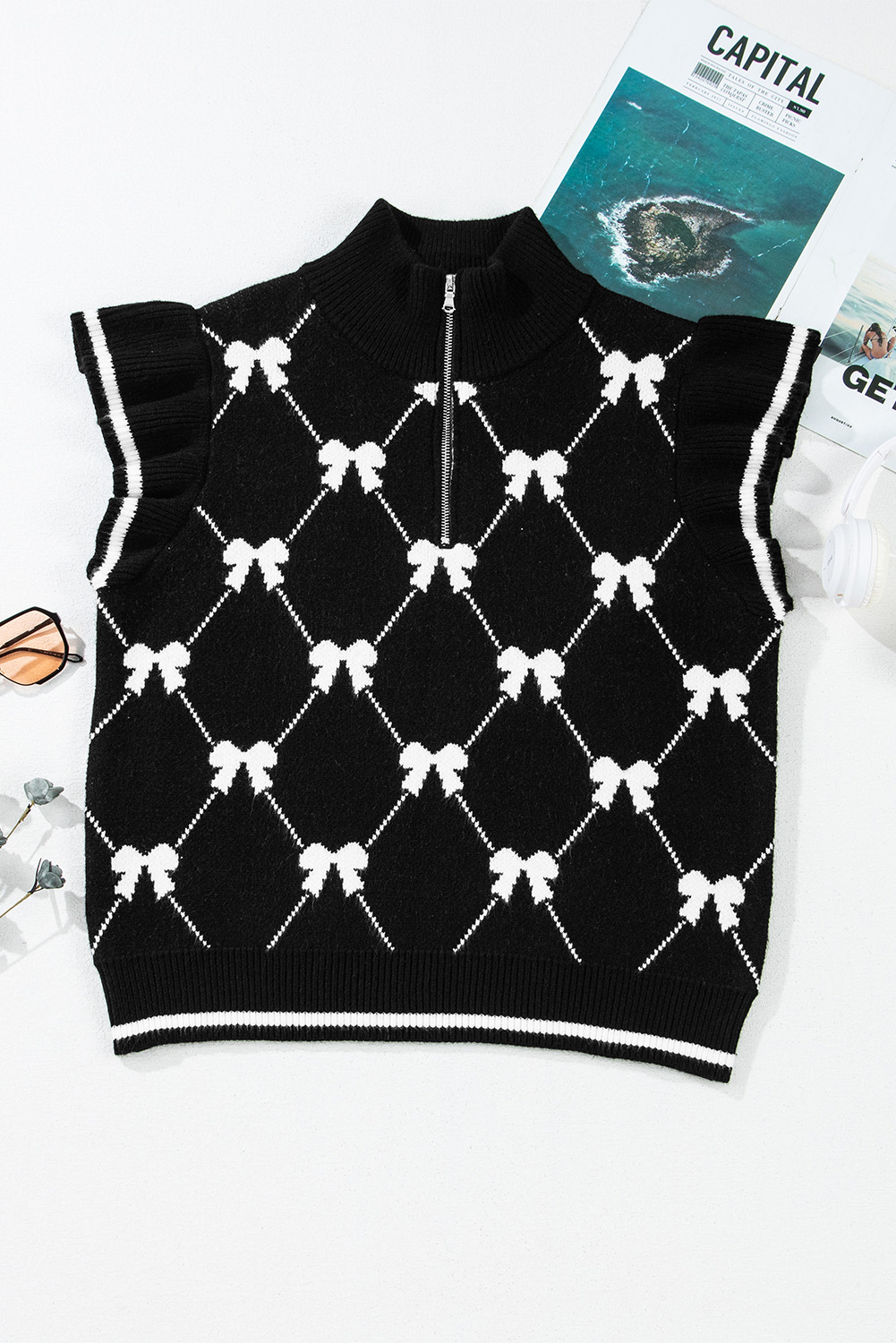 Black Preppy Vibes Bow Print Zipped Collar Sweater Tee - loveforevers