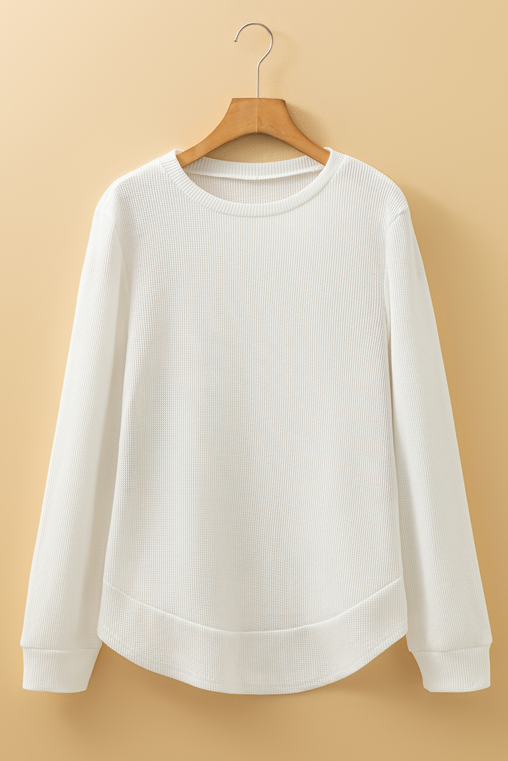 White Rounded Hem Waffle Long Sleeve Top - loveforevers