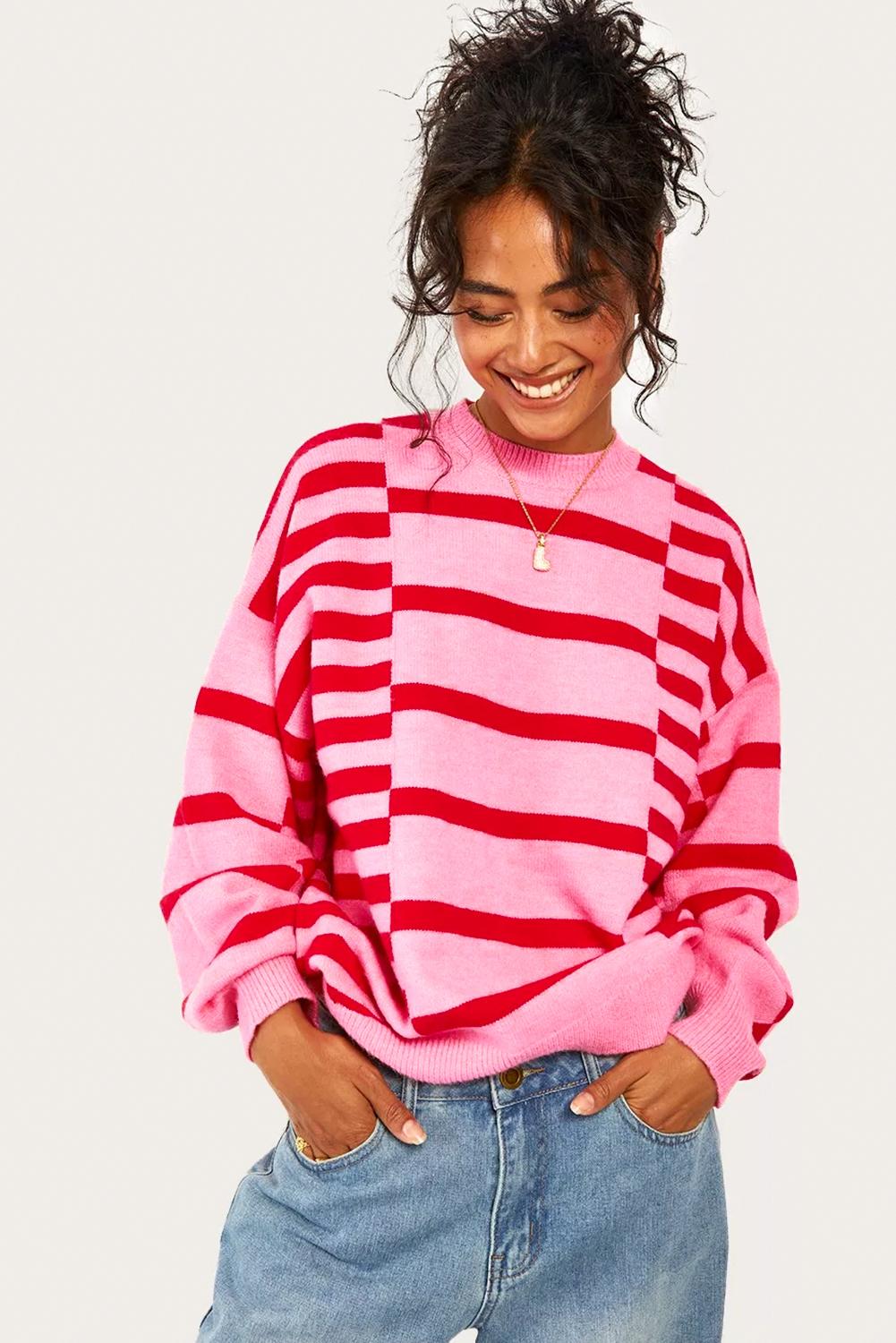 Pink Stripe Bubble Sleeve Drop Shoulder Ribbed Trim Sweater - loveforevers
