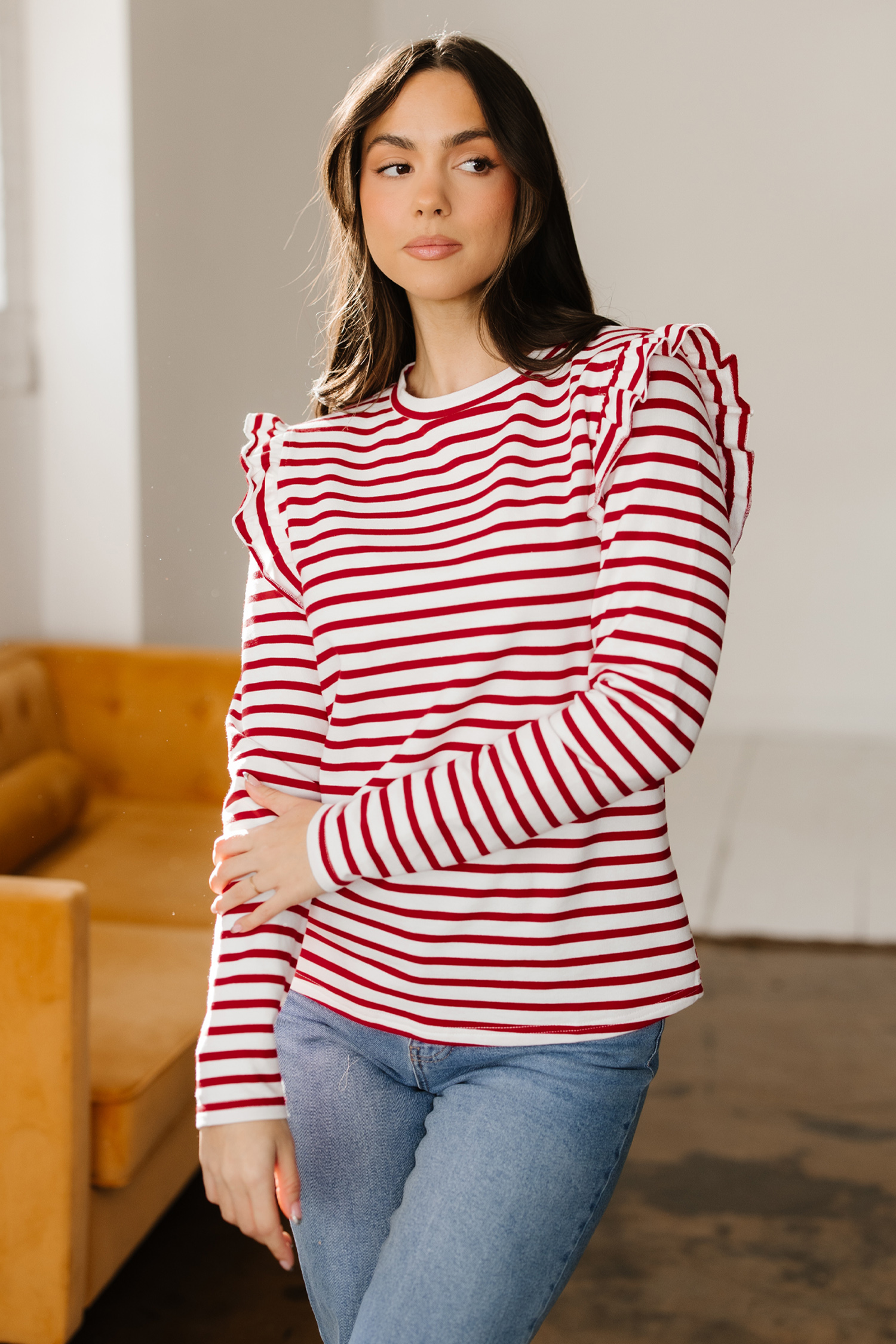 Red Stripe Round Neck Ruffle Trim Long Sleeve Top - loveforevers